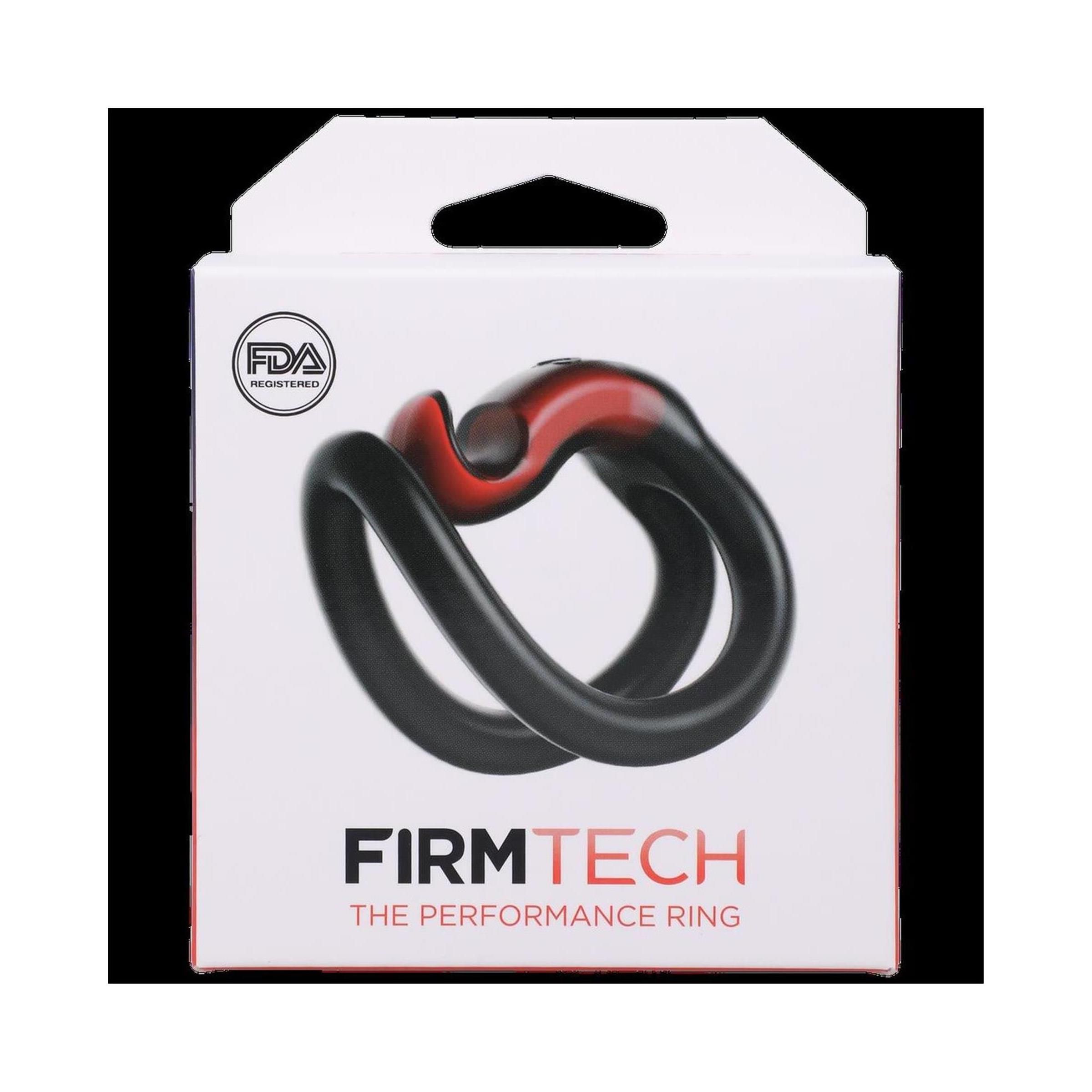 Schwarzer Performance Ring mit rotem Akzent, in weißer Verpackung mit FDA-Siegel. Text: FIRMTECH, THE PERFORMANCE RING.