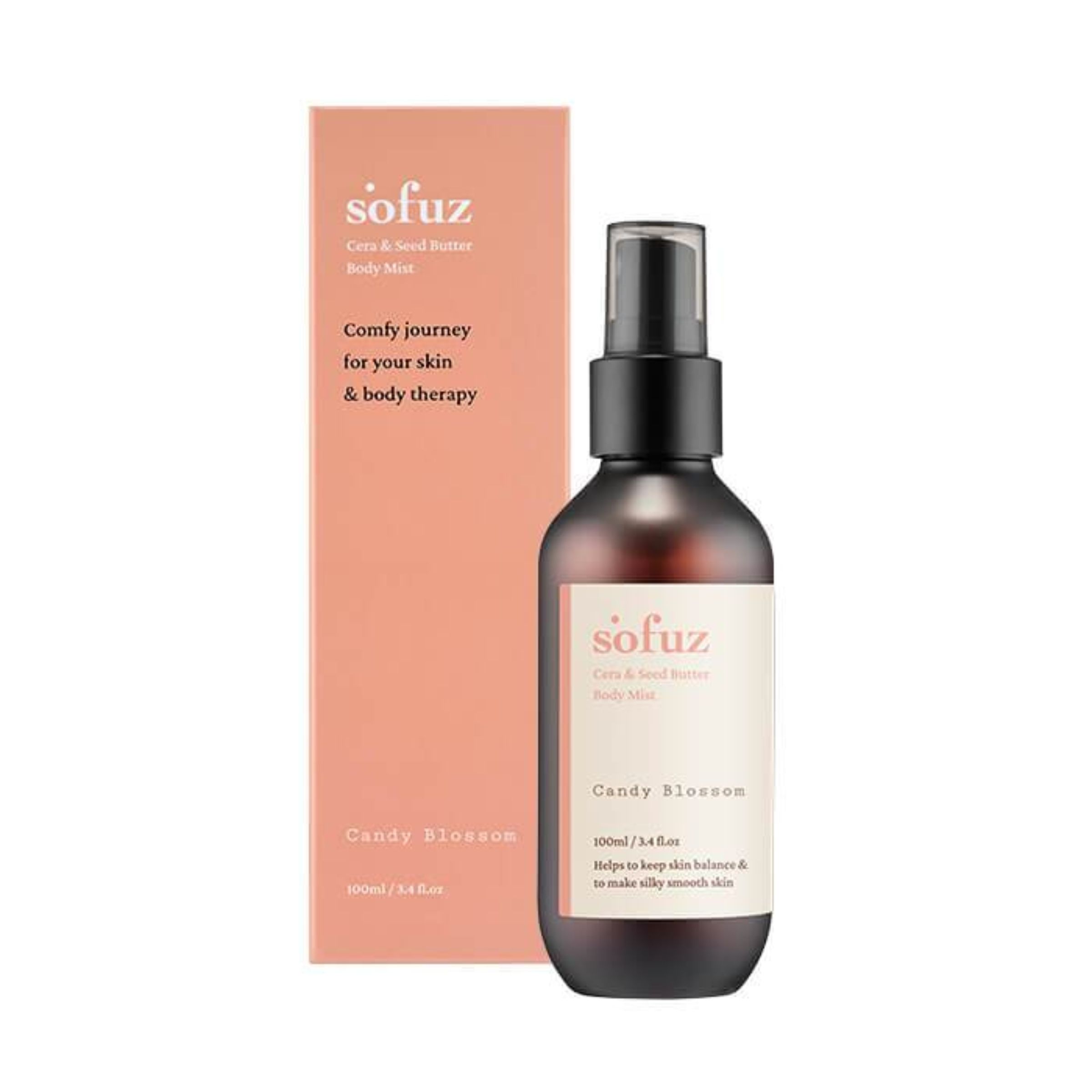Braune Flasche und rosa Verpackung. Aufschrift: Sofuz, Candy Blossom Body Mist. Text: Comfy journey for your skin & body therapy.