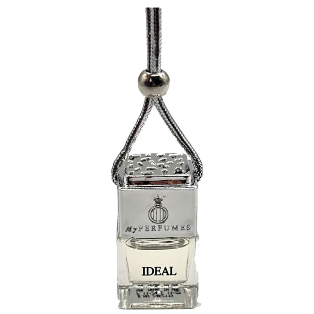 Auto-Duft von My Perfumes. Quadratischer Flakon mit silberfarbener Halterung und Kordel. Aufschrift IDEAL.