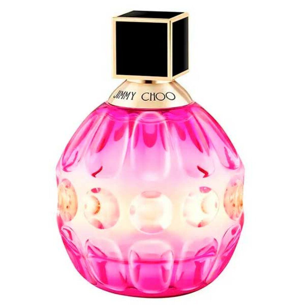 Runder Flakon mit rosa Flüssigkeit. Schwarzer, quadratischer Verschluss. Goldener Hals. Jimmy Choo Rose Passion.