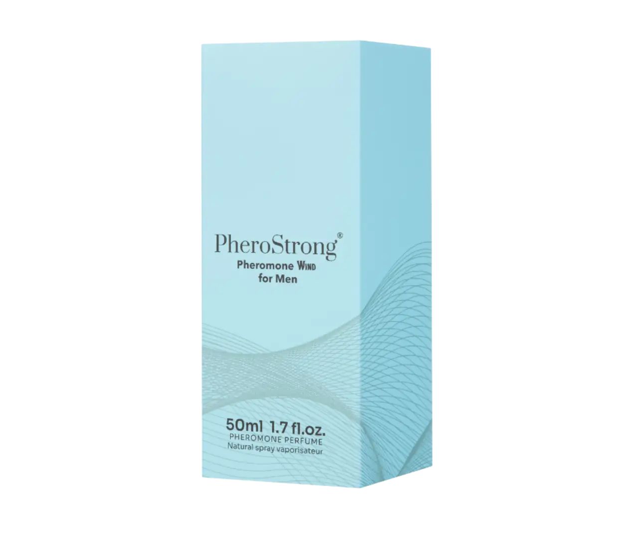 Hellblaue Verpackung PheroStrong Pheromone Wind for Men. Wellenmuster auf der Vorderseite. Text: 50ml 1.7 fl.oz.