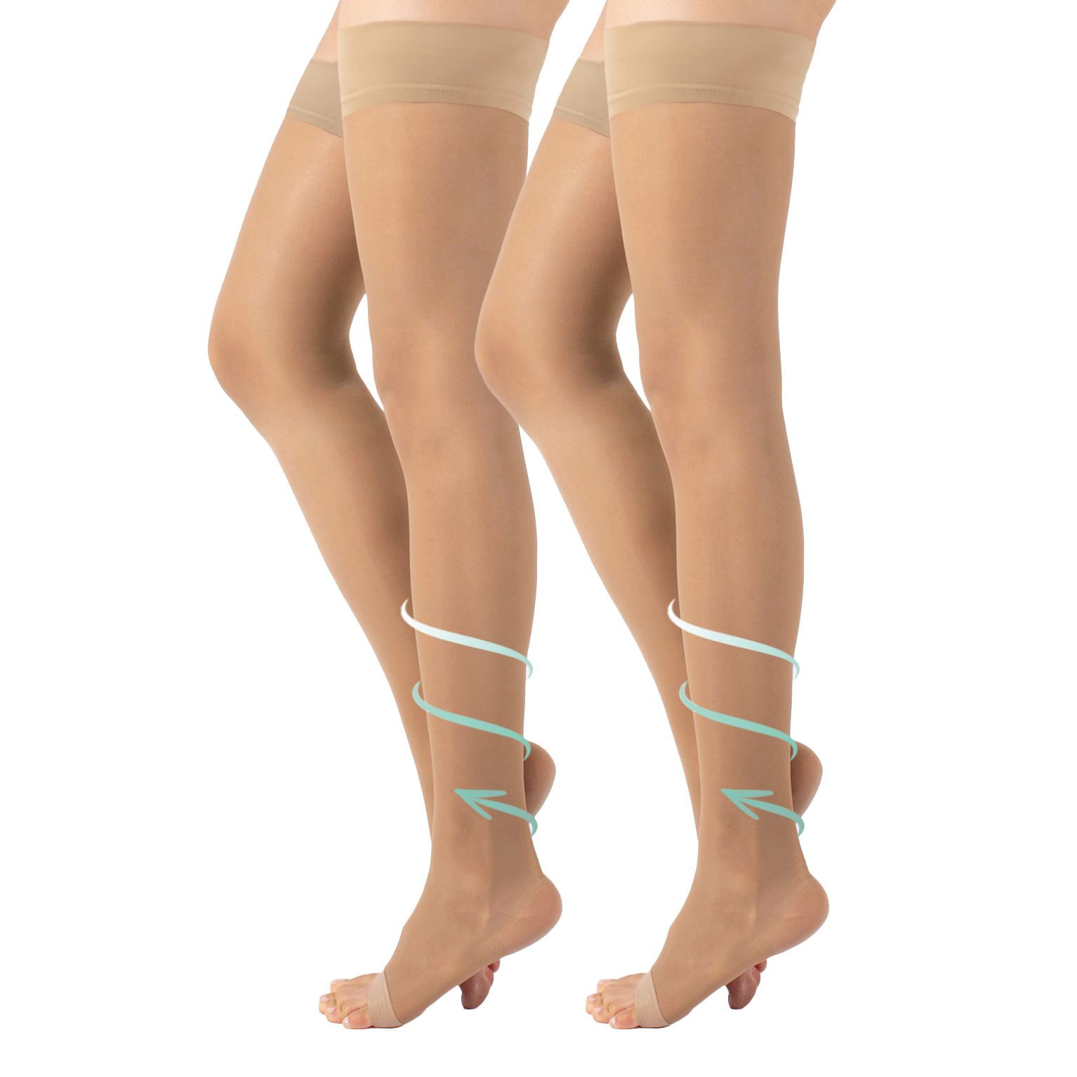 Zwei Paar haut farbene Kompressionsstrümpfe mit offener Spitze. Graduierte Kompression.