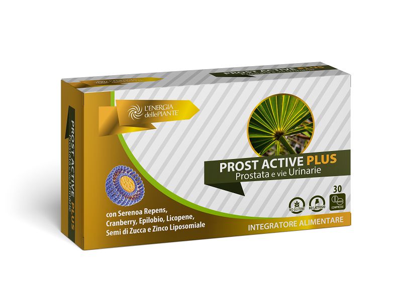 Scatola del prodotto con testo. PROST ACTIVE PLUS, Prostata e vie Urinarie, 30. Contiene Serenoa Repens, Cranberry, Epilobio, Licopene, Semi di Zucca e Zinco Liposomiale.