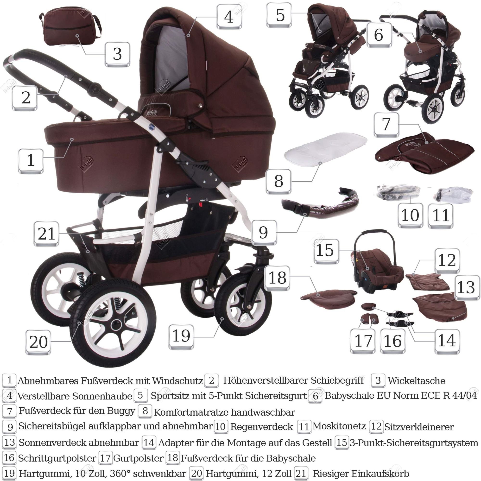 Bebebi Bellami 3 in 1 Kinderwagen Set Luftreifen, Bellachoco