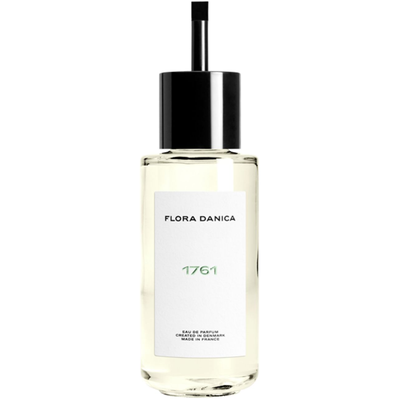 Glasflakon mit schwarzem Verschluss und Sprühkopf. Weißes Etikett mit "FLORA DANICA" und "1761".