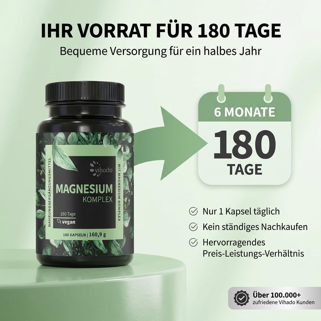 Magnesium Komplex hochdosiert, 5-in-1 Matrix, 668,7 mg Magnesium, 180 Kapseln, Made in DE von Vihado