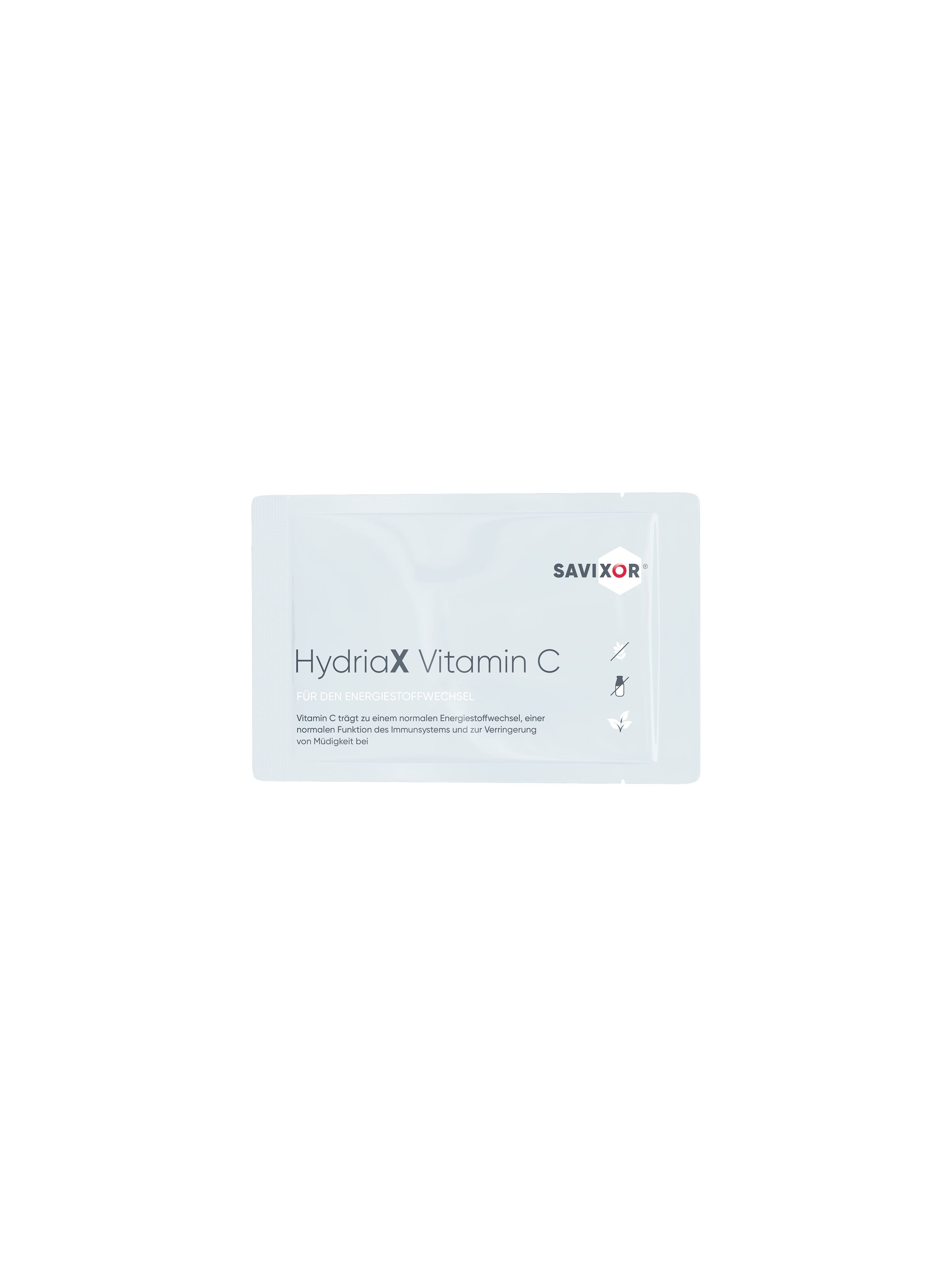 Einzelner Savixor HydriaX Vitamin C Beutel. Aufschrift: HydriaX Vitamin C. Kleines, weißes Sachet mit Produktinformationen.