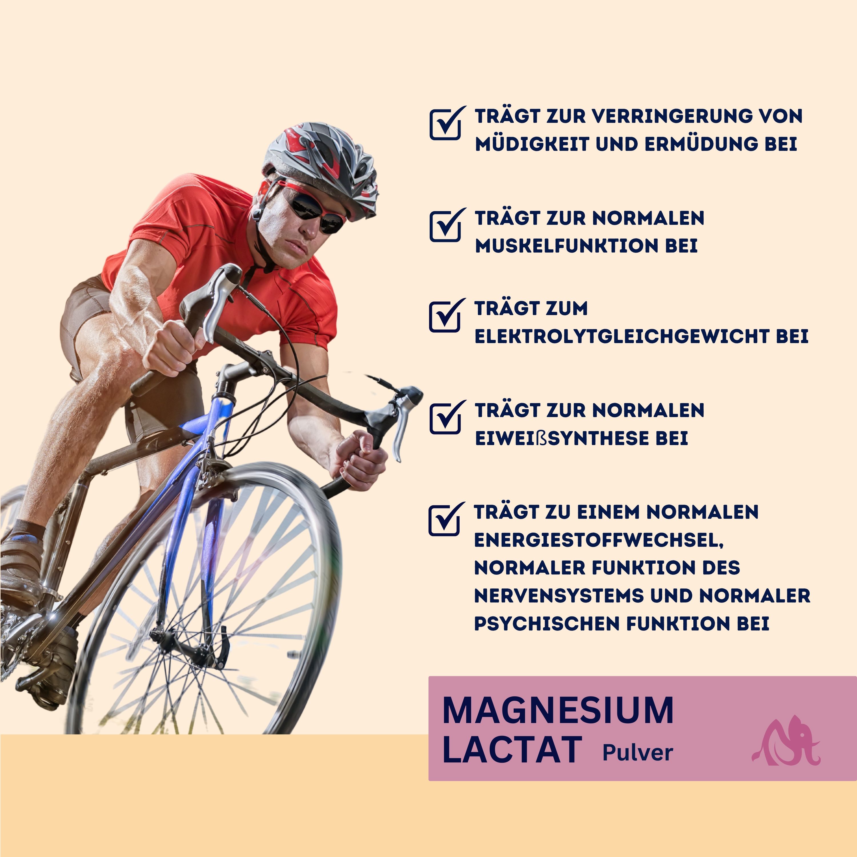 Radfahrer mit Text. Text: Magnesiumlactat Pulver. Trägt zur Muskel- und Elektrolytfunktion bei. Für Energie- und Nervenfunktion.