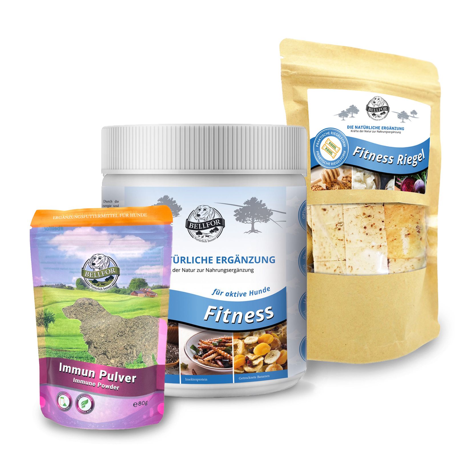 Drei Produkte: Dose und Beutel mit Pulver, Beutel mit Riegeln. Aufschrift: Fitness, Immun Pulver, Fitness Riegel. Marke: Bellfor.