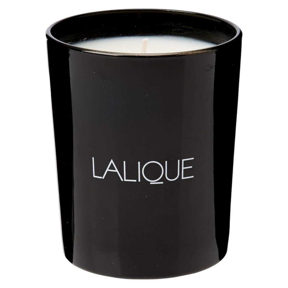 Schwarzer Kerzenhalter mit Kerze. Aufschrift: LALIQUE.