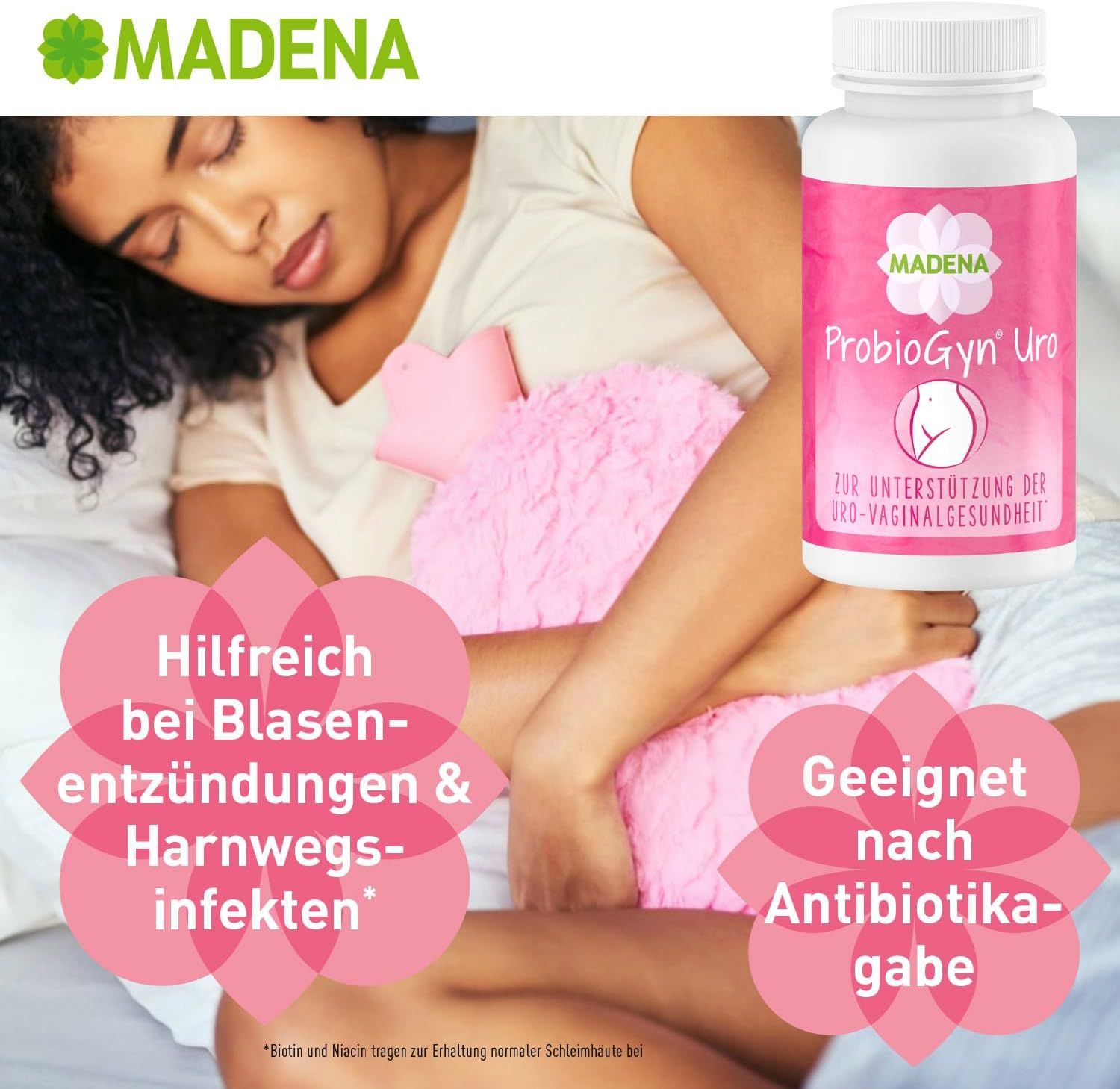 MADENA ProbioGyn Uro Kapseln. Flasche neben Frau mit Bauchschmerzen. Hilfreich bei Blasenentzündung und Harnwegsinfekten.