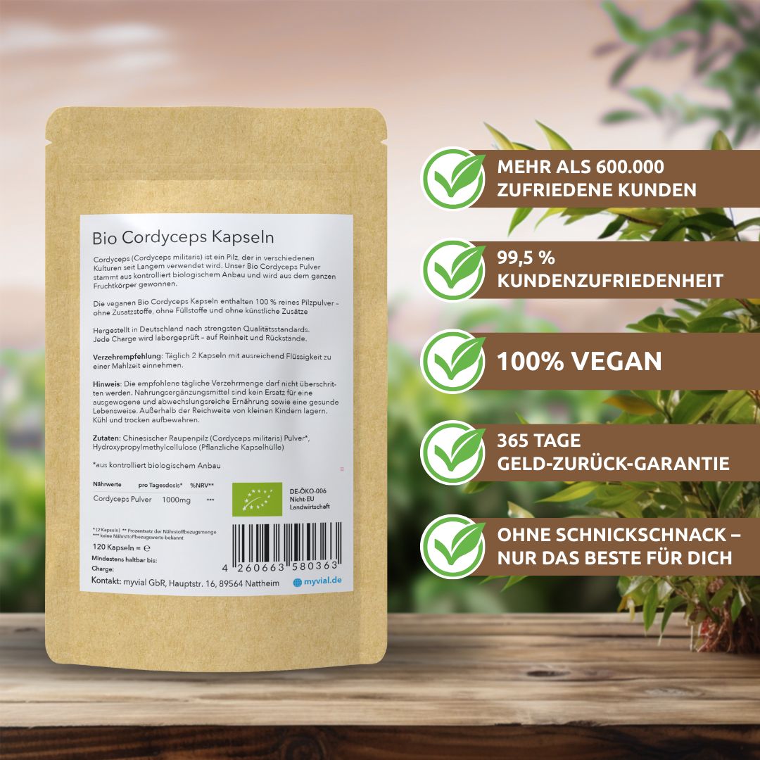 myvial® Bio Cordyceps Kapseln - 120 Stück aus reinem Fruchtkörper - vegan & plastikfrei