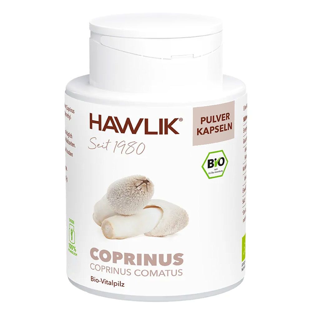Weiße Flasche mit Kapseln. Aufschrift: Hawlik, Coprinus Pulver Kapseln, Bio-Vitalpilz. Bio-Siegel.