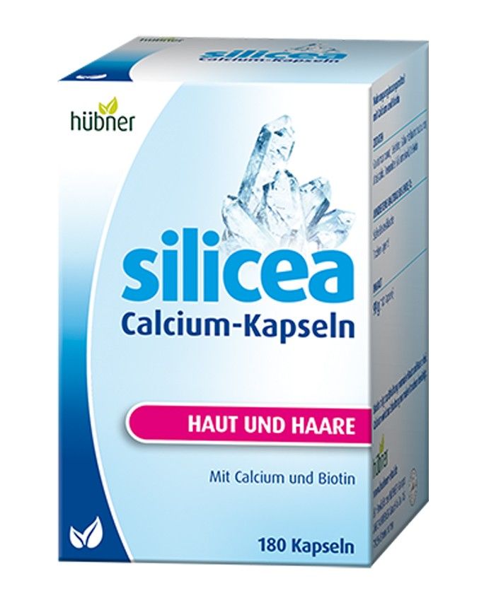 Weißer Karton mit Produktnamen Silicea Calcium-Kapseln. Logo von Hübner. Schriftzug: Haut und Haare. Enthält Calcium und Biotin. 180 Kapseln.
