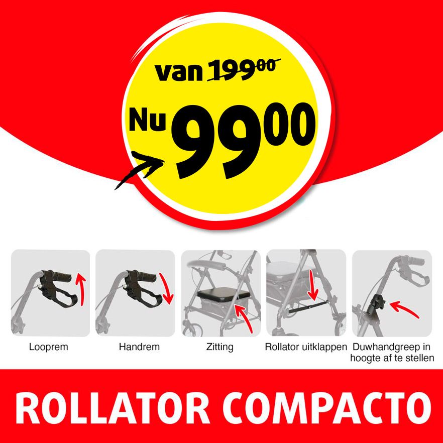 Publicité pour Rollator Compacto. Prix de 99,00 euros. Illustrations des fonctions.