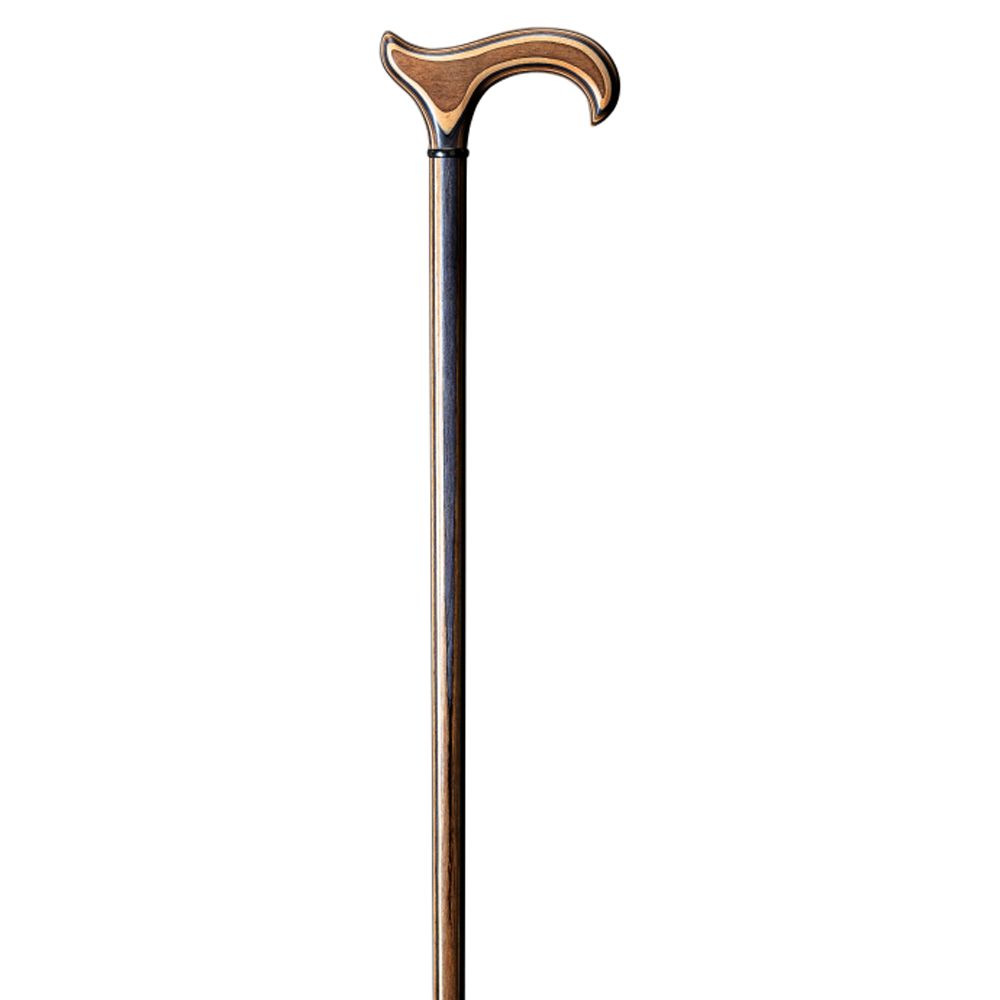 Gehstock mit Derbygriff aus Holz. Der Griff ist hellbraun, der Schaft dunkelbraun. Der Stock ist freigestellt.
