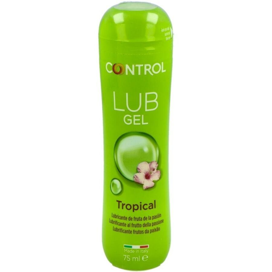 Grüne Flasche mit weißem Deckel. Aufschrift: CONTROL LUB GEL Tropical. Enthält ein pinkfarbenes Blüten-Design. 75 ml.