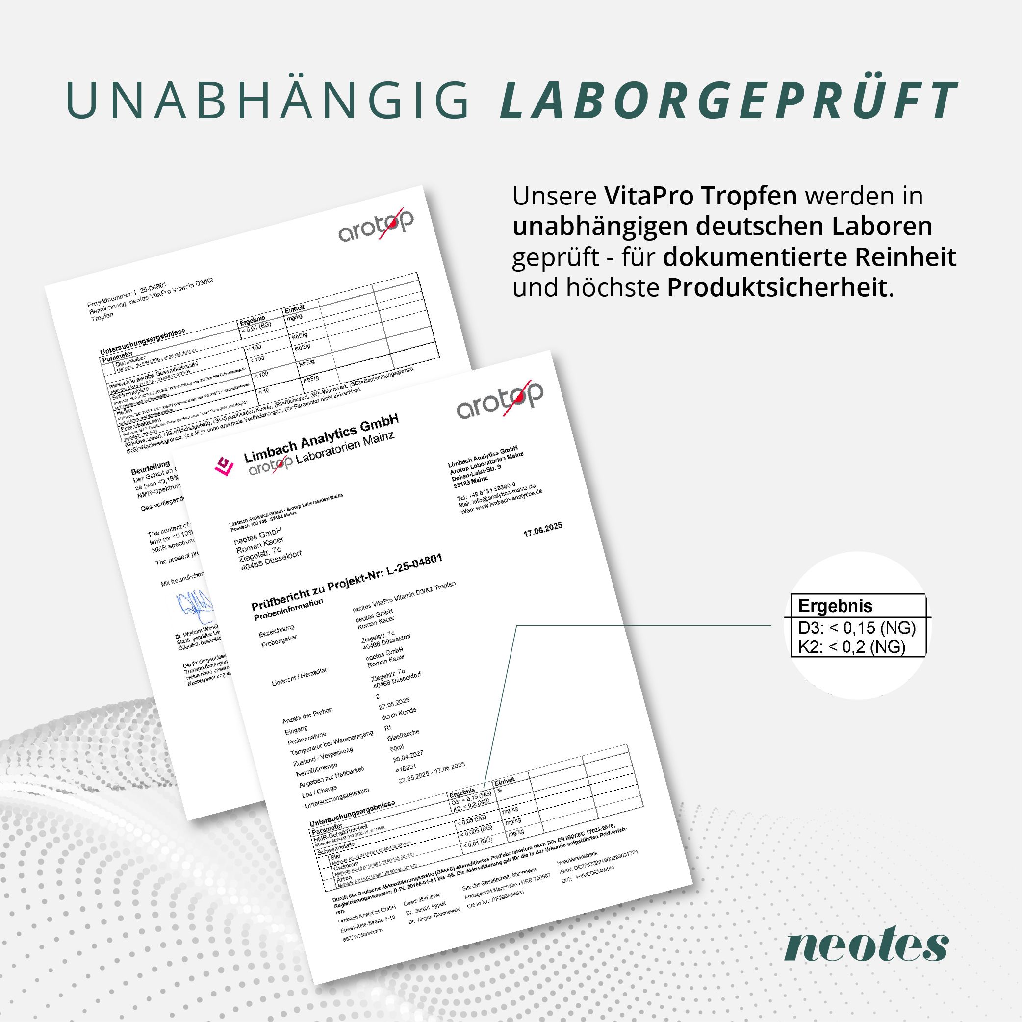 Zwei Laborzertifikate. Text: Unabhängig laborgeprüft. Ergebnisse: D3: <0,15 (NG), K2: <0,2 (NG). neotes Logo.