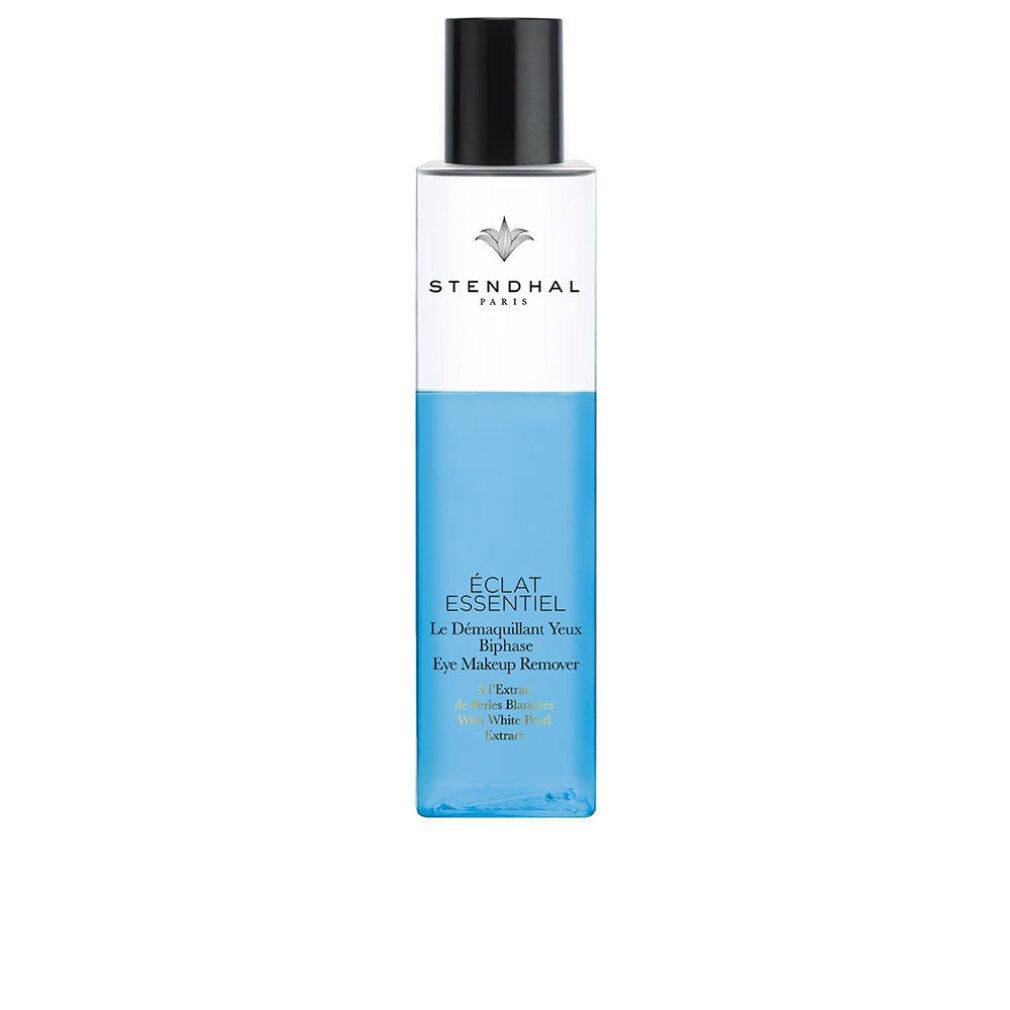 Stendhal Augen-Make-up-Entferner. Flasche mit blauem und weißem Inhalt. Schwarzer Deckel. Produktname und Logo sichtbar.