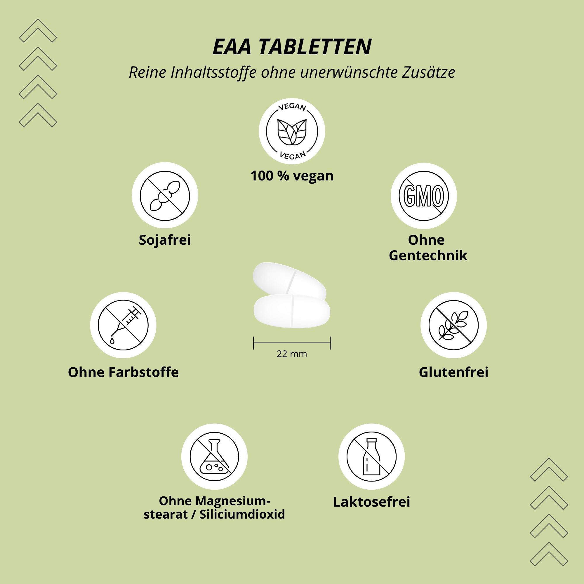 Zwei weiße Tabletten mit 22 mm Durchmesser. Grafiken zeigen: vegan, sojafrei, ohne Farbstoffe, ohne Magnesiumstearat, ohne Gentechnik, glutenfrei, laktosefrei.