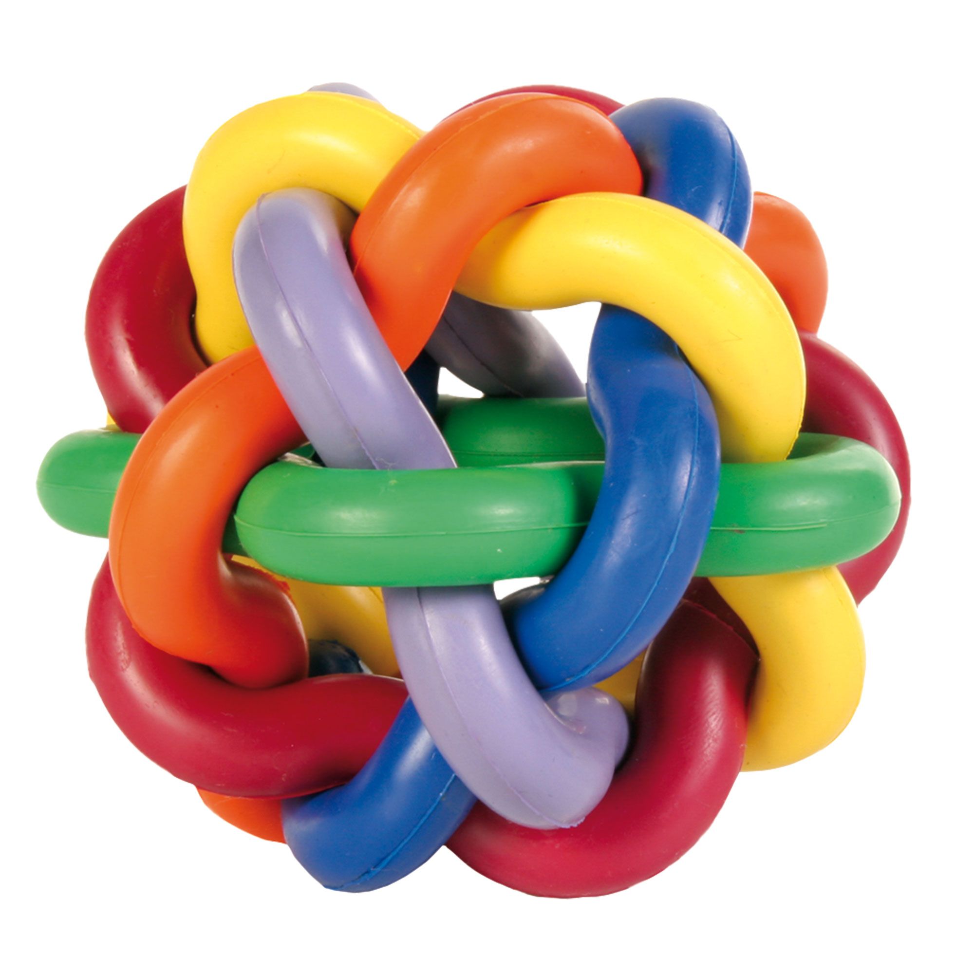 Knotenball für Hunde. Mehrfarbiger Ball aus ineinandergreifenden, ringförmigen Elementen. Farben: Rot, Orange, Gelb, Grün, Blau, Lila.
