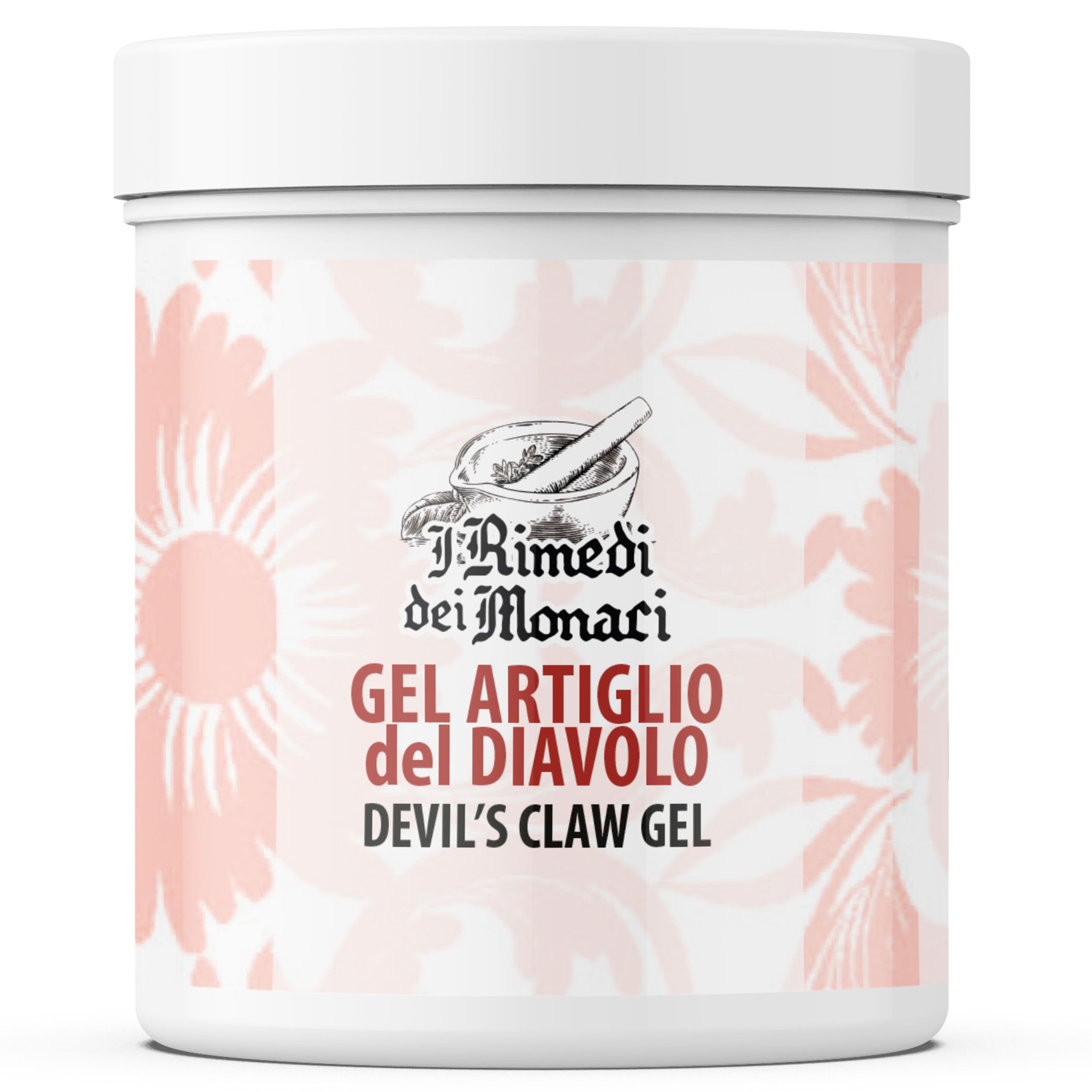 Weißer Tiegel mit Produktlogo und Aufschrift 'Gel Artiglio del Diavolo'. Aufschrift 'Devil's Claw Gel'.