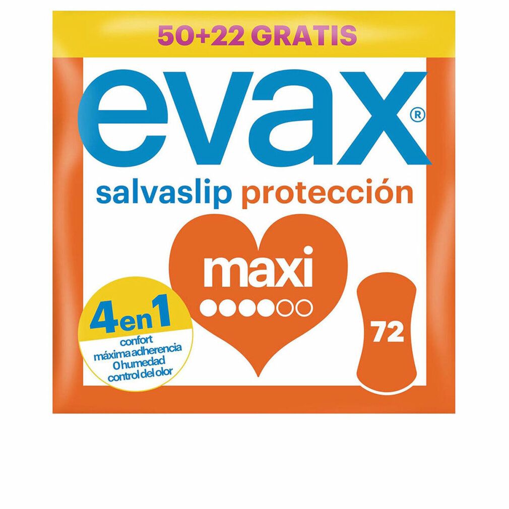 Verpackung von Evax Salva-Slip Maxi. Orangefarbenes Design mit Produktnamen und 72 Stück. 4-in-1-Funktionen.