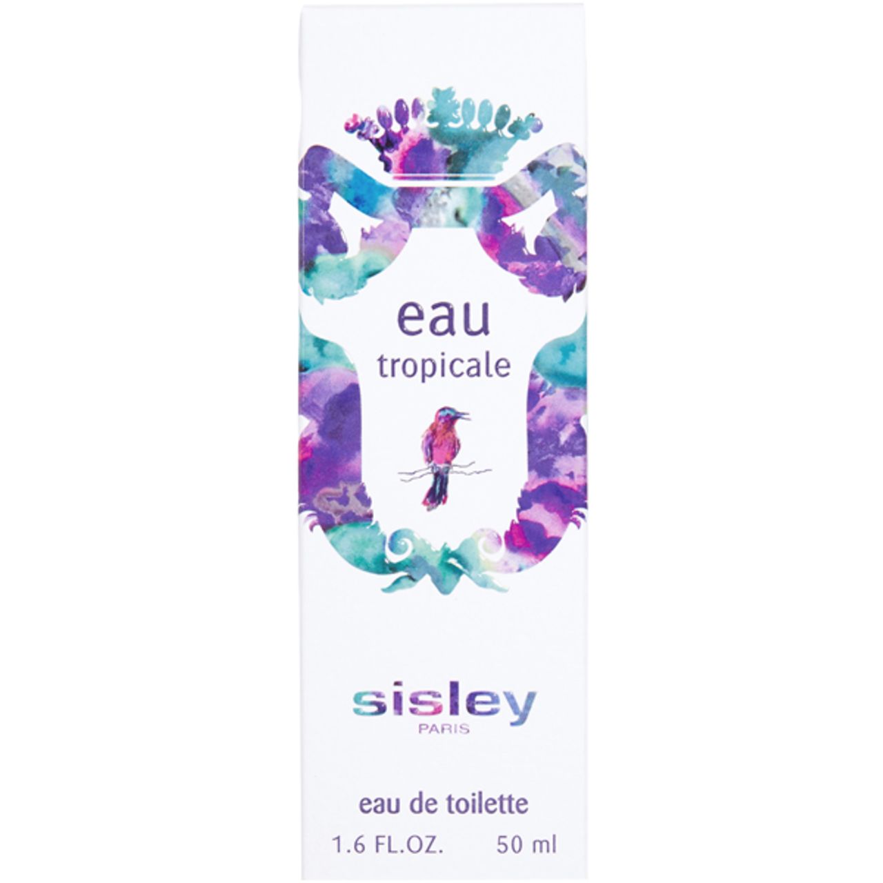 Weiße Verpackung mit Aufschrift: Eau Tropicale, eau de toilette. Logo mit Vogel. Unten: Sisley Paris, 1.6 FL.OZ. 50 ml.