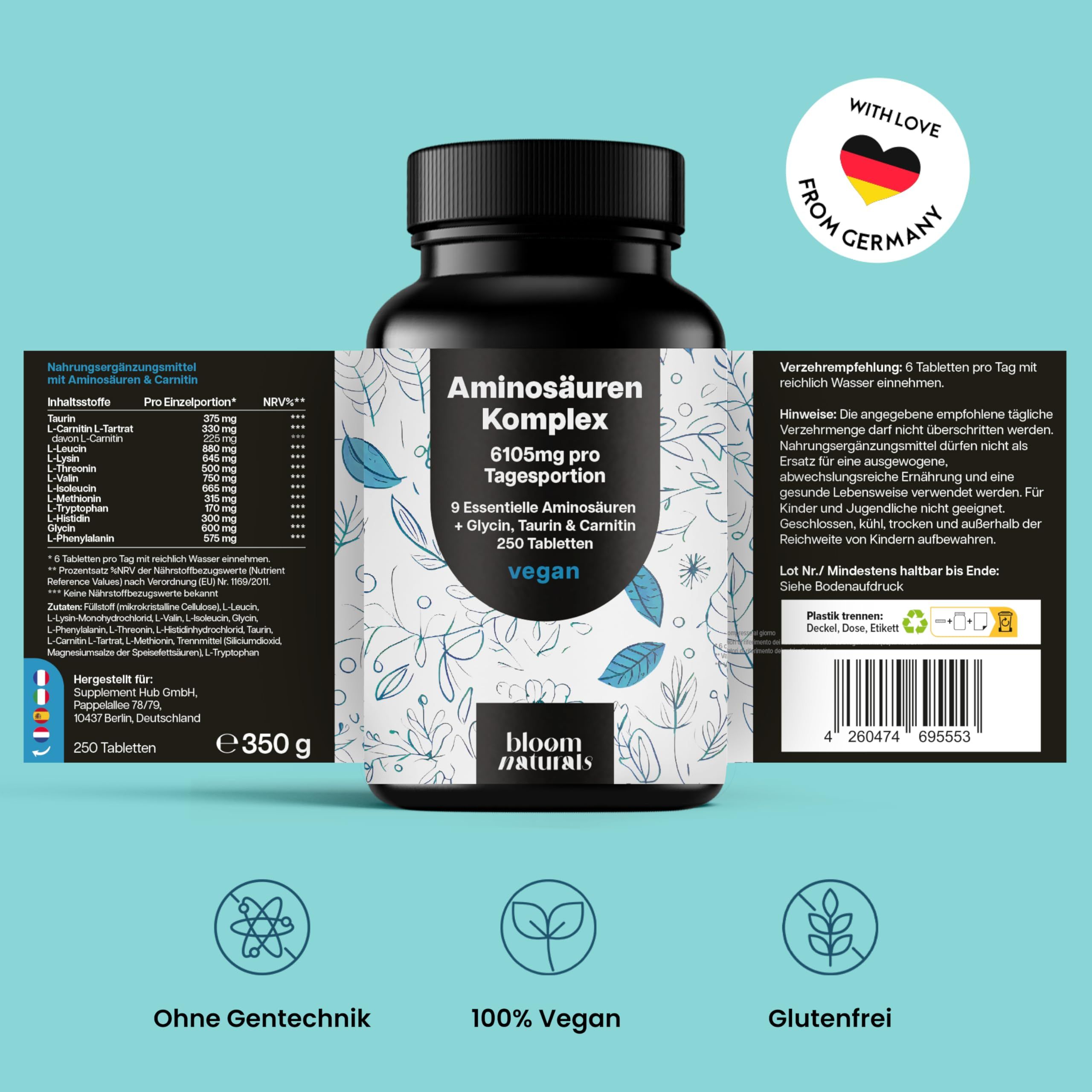 Flasche Aminosäuren Komplex Tabletten. Text: 6105mg pro Tagesportion, 250 Tabletten, vegan. Marke: bloom naturals. Mit Liebe aus Deutschland.