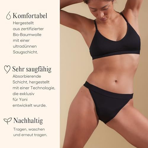 Person in schwarzem Bikini-Slip und BH. Text: Komfortabel, saugfähig, nachhaltig. Produktbeschreibung.