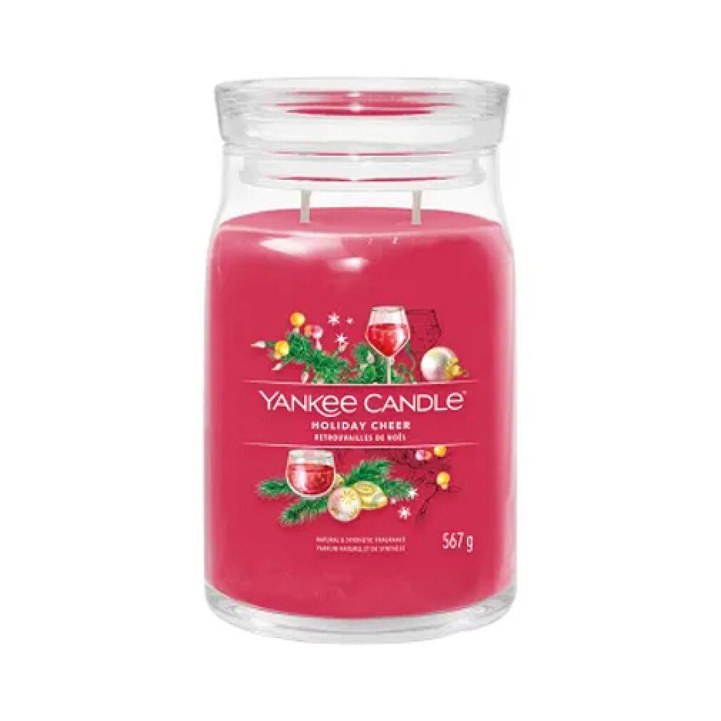 Rote Kerze mit Glasdeckel. Aufschrift: Yankee Candle Holiday Cheer. 567 g.