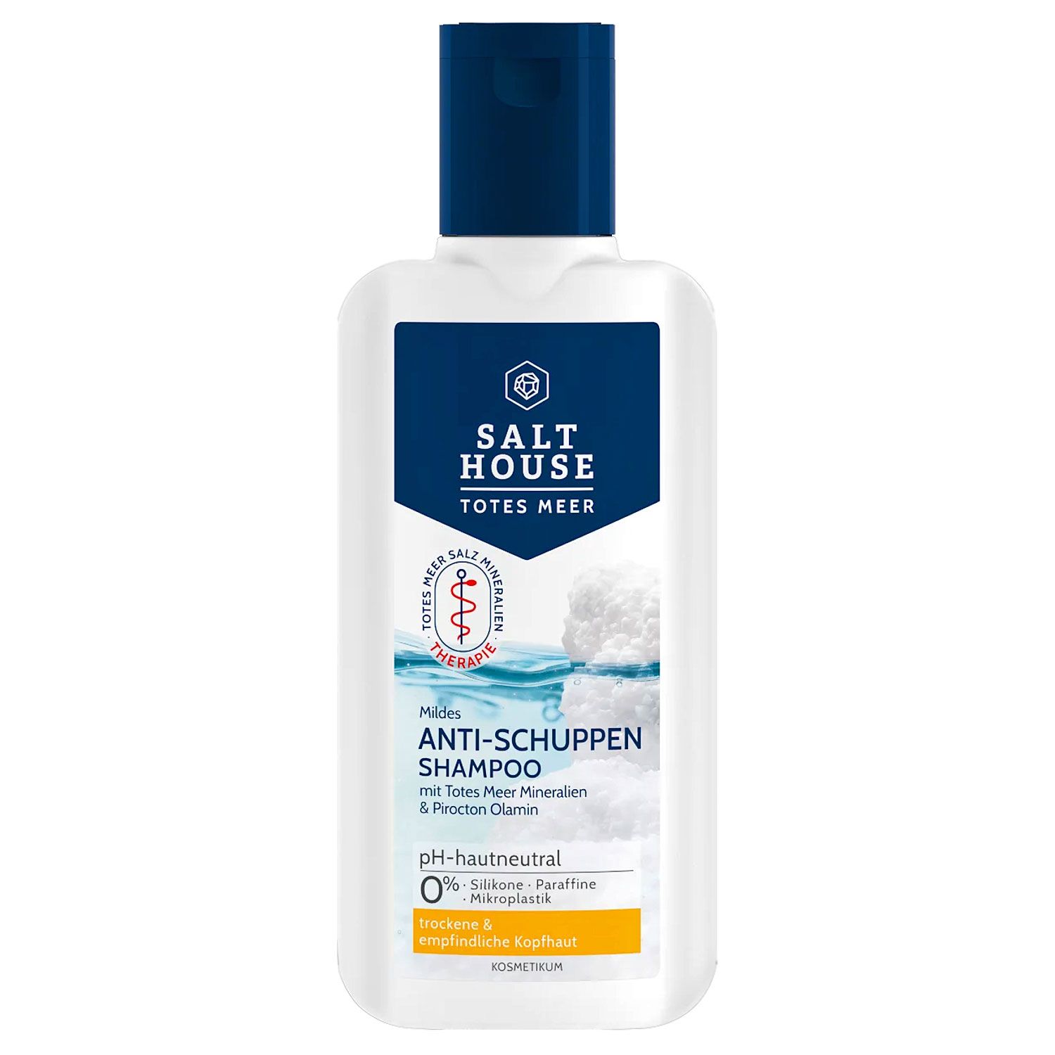 Weiße Shampoo-Flasche mit blauem Deckel. Aufschrift: SALT HOUSE TOTES MEER, ANTI-SCHUPPEN SHAMPOO. pH-hautneutral.