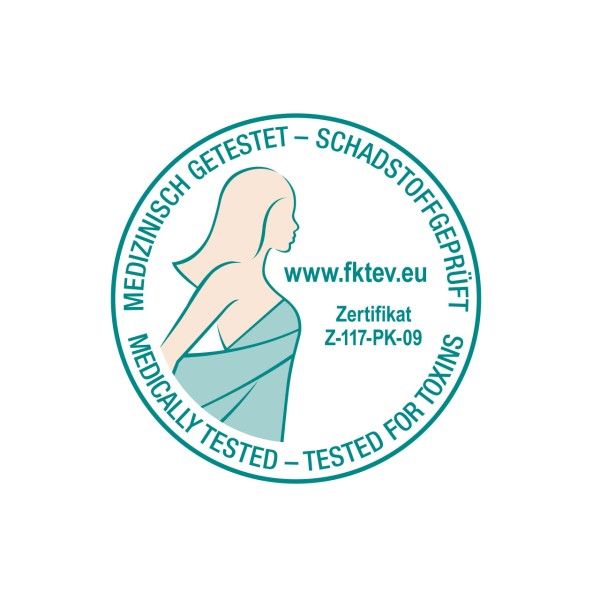Rundes Siegel: Medizinisch getestet - schadstoffgeprüft. Logo: Frau in blauem Tuch.