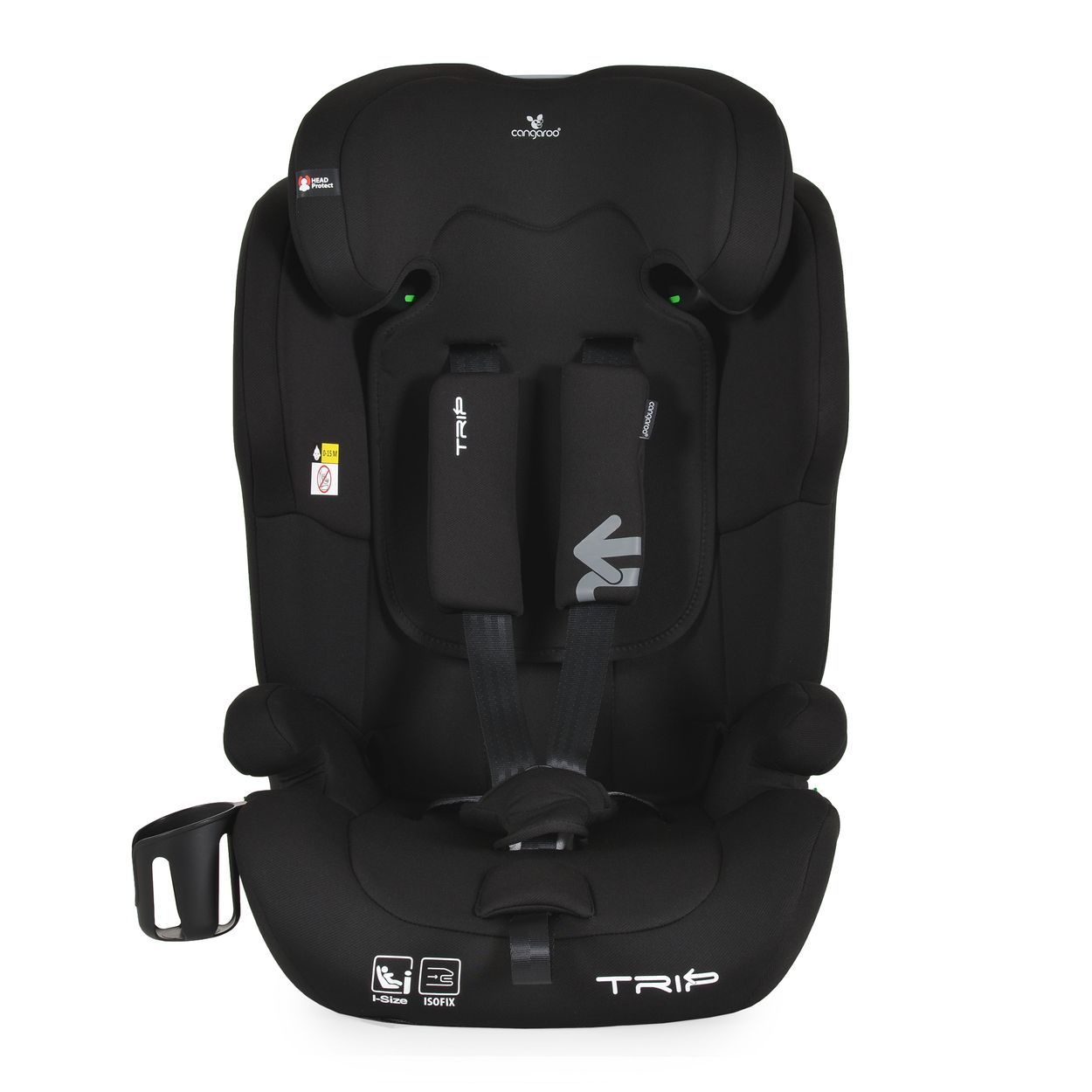 Grauer Kindersitz mit verstellbarer Kopfstütze und Seitenaufprallschutz.