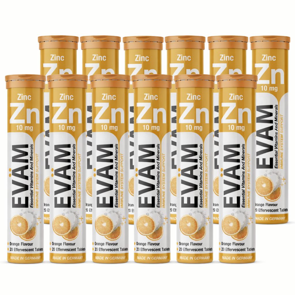 12 Tuben EVÄM Zink Brausetabletten. Orangefarbene Verpackung mit weißem Text. Enthält 10 mg Zink. Made in Germany.