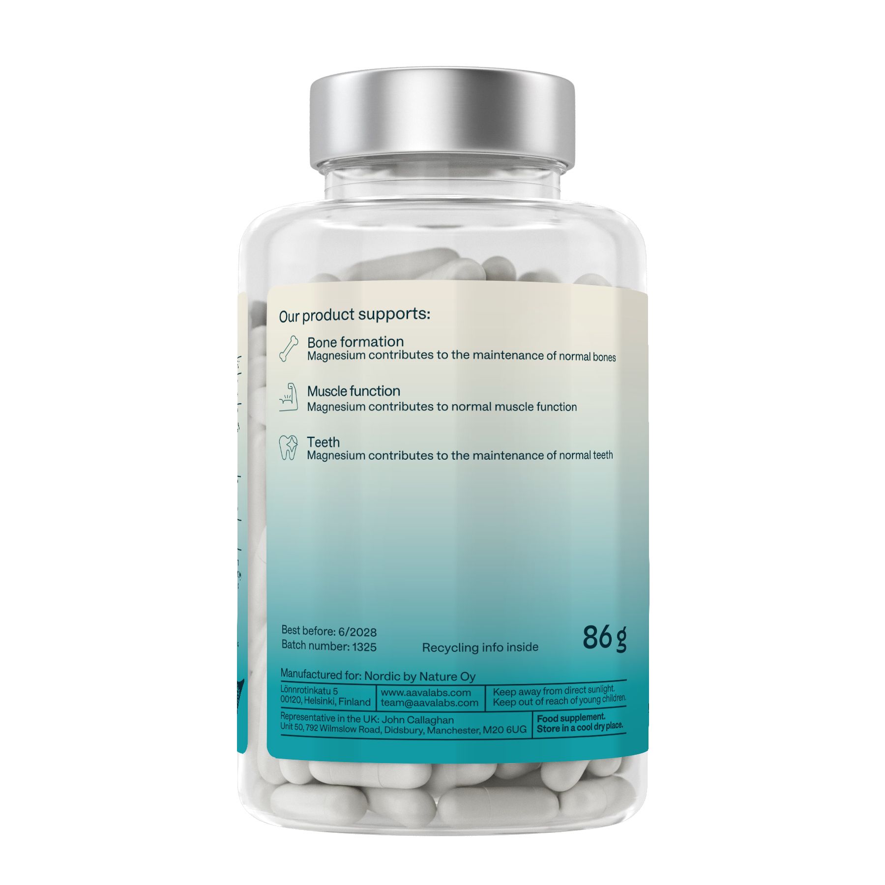 Rückseite der Aavalabs Marine Collagen Flasche. Enthält Informationen zur Knochen-, Muskel- und Zahnfunktion. 86g.