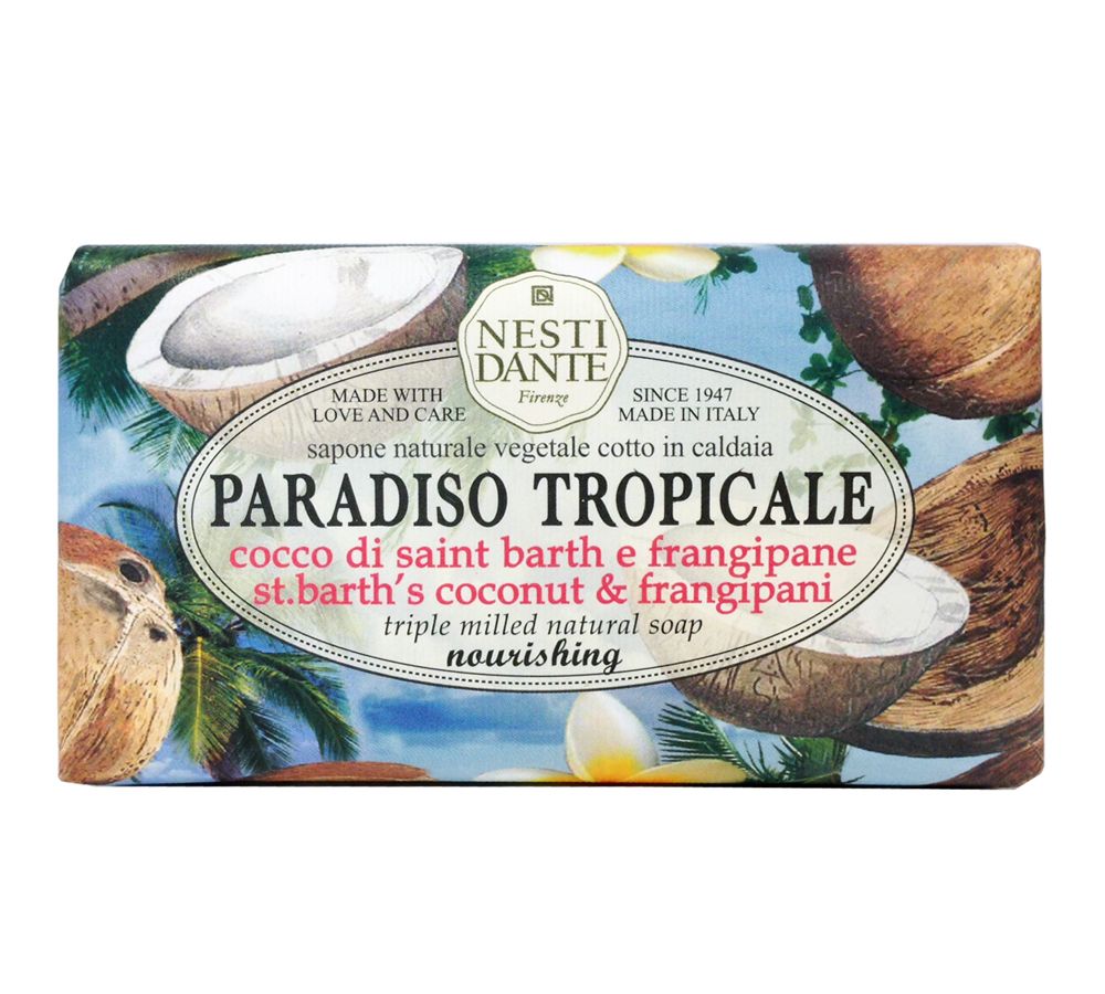 Seife mit Kokosnuss- und Frangipani-Motiv. Verpackung mit Produktnamen und Markennamen Nesti Dante. Text: Paradiso Tropicale, nourishing.