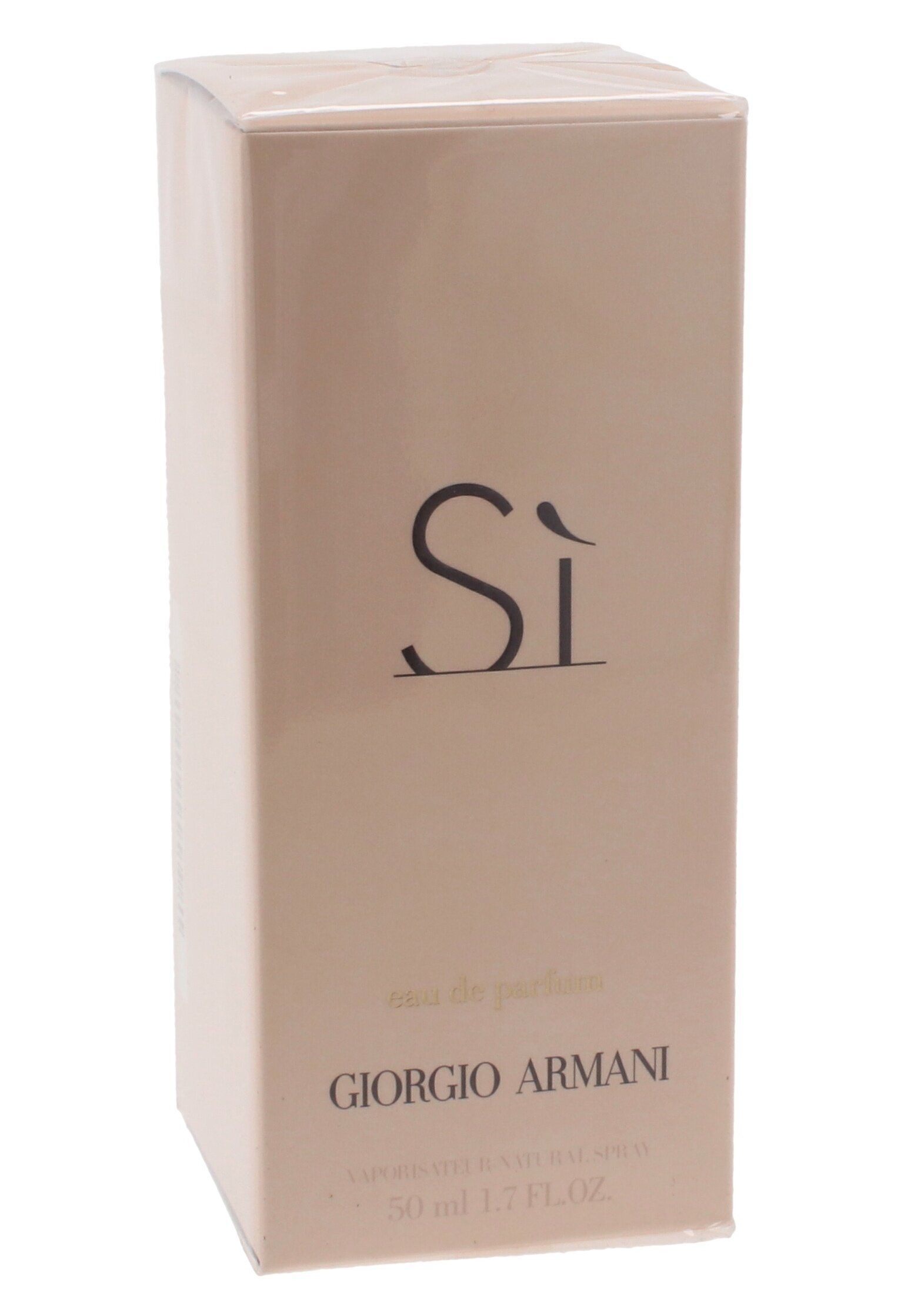 Beige Verpackung mit Aufschrift: Sì, eau de parfum, GIORGIO ARMANI.