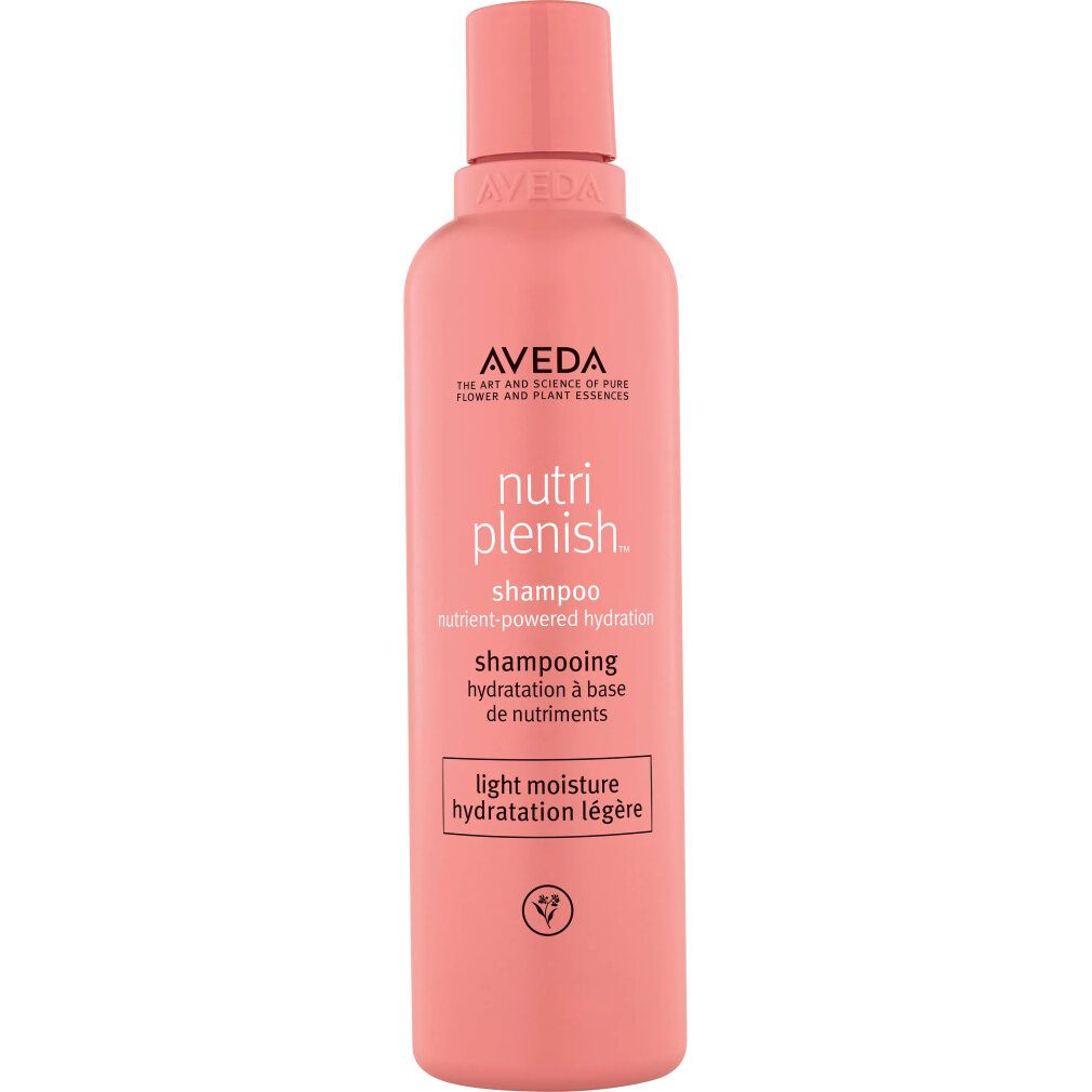 Rosa Shampoo-Flasche mit Aveda-Logo und Produktnamen Nutriplenish. Text: light moisture, Shampooing hydratation à base de nutriments.