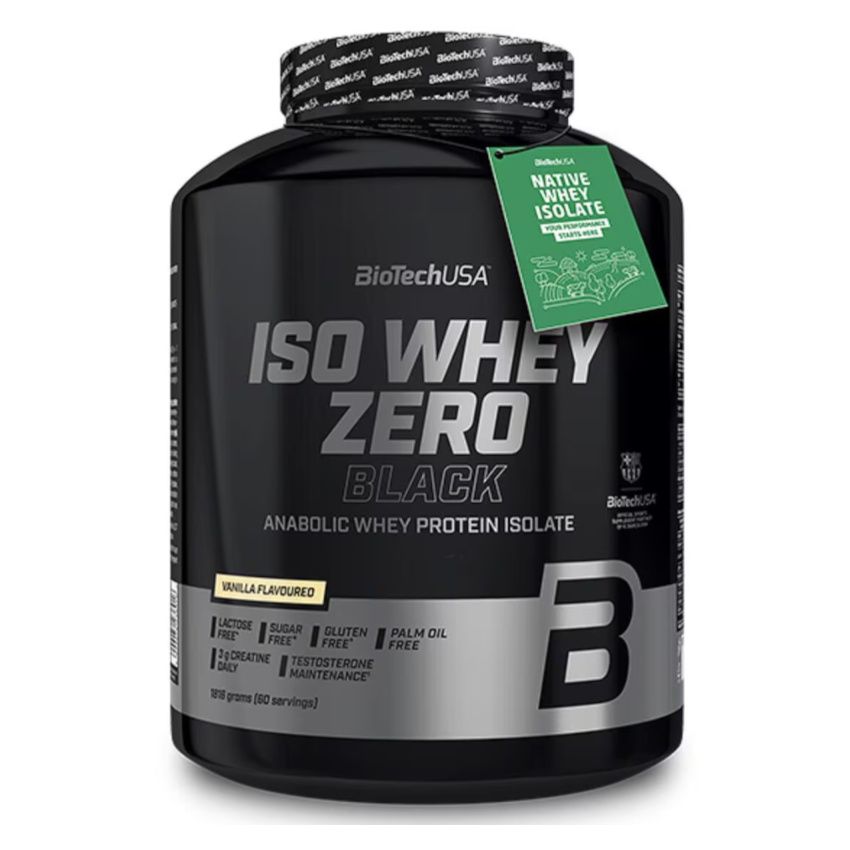 Schwarze Dose mit dem Produktnamen "ISO WHEY ZERO BLACK". Enthält Informationen zu Inhaltsstoffen und Zertifizierungen. Grüne Anhänger mit Text.