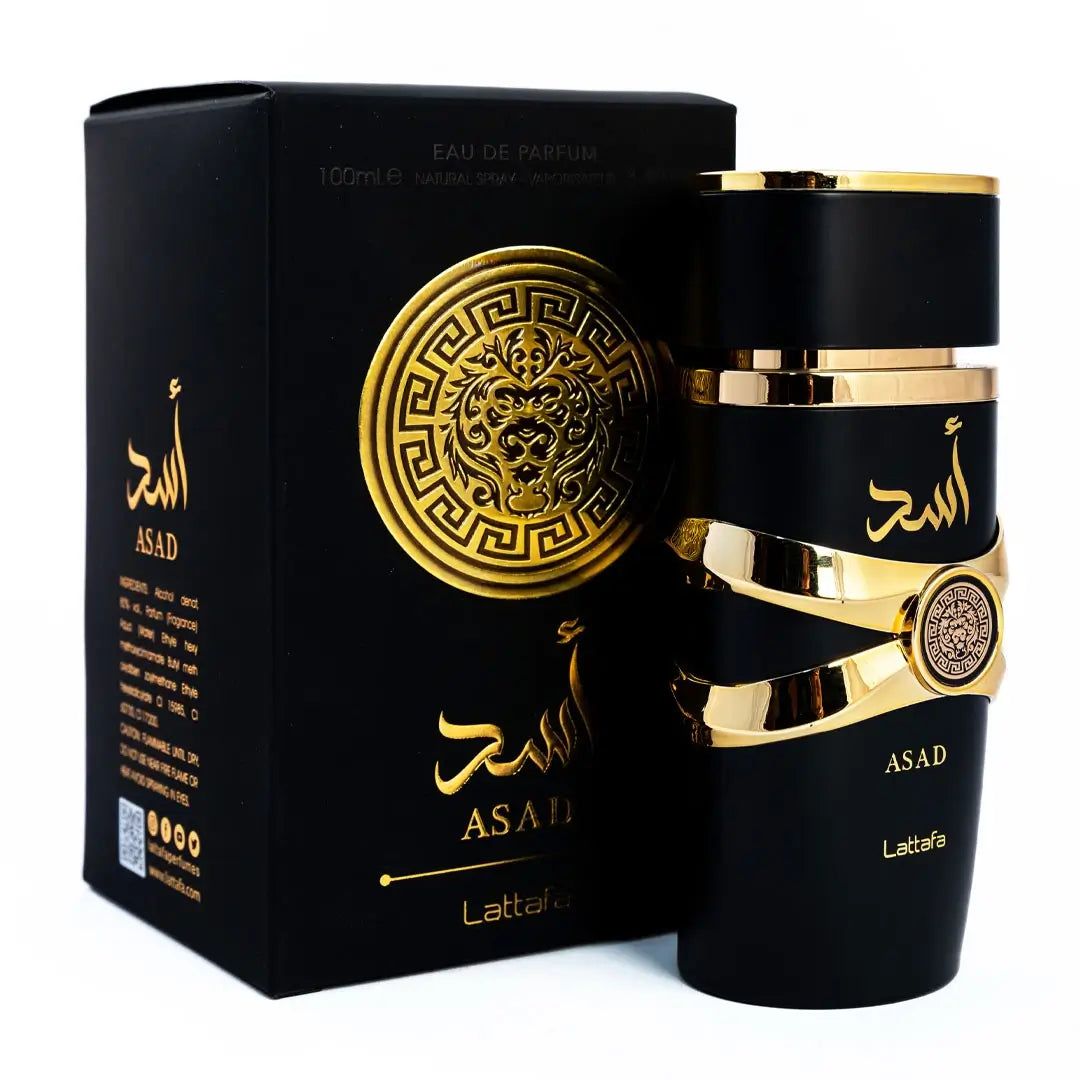 Schwarze Flasche und Box mit goldenen Akzenten. Aufschrift "ASAD" und "Lattafa".
