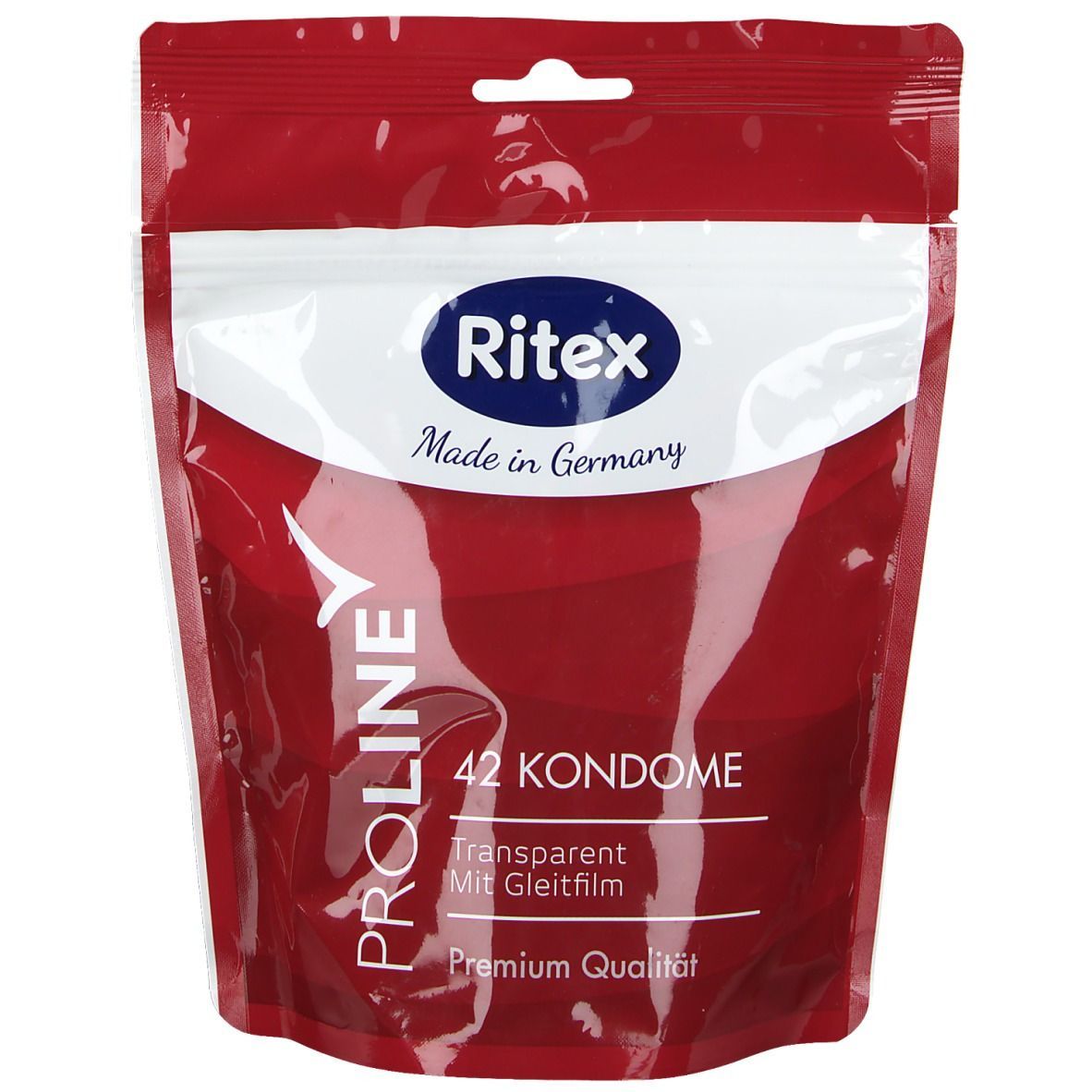 Rote Verpackung mit weißem Bereich. "Ritex"-Logo, "PROLINE" und "42 KONDOME" sichtbar. Transparent mit Gleitfilm. Premium Qualität.