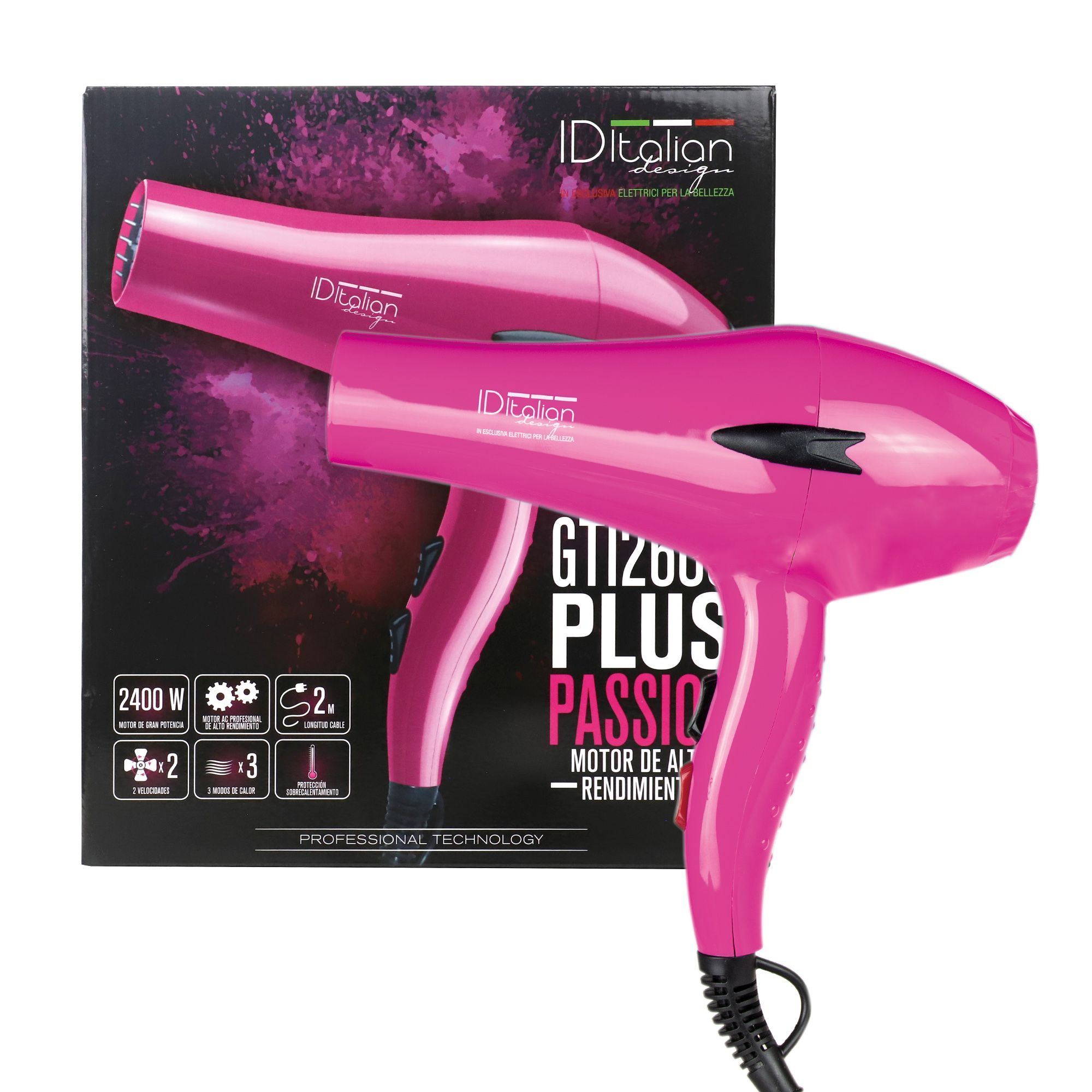Pinker Haartrockner und Verpackung mit Produktinformationen.
