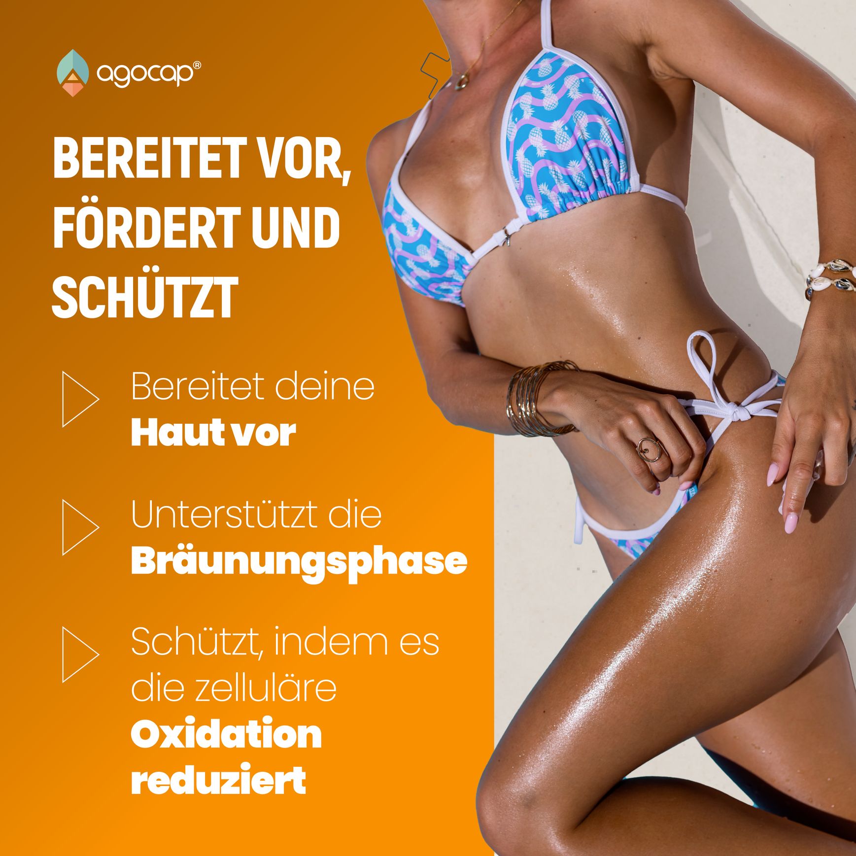 Frau im Bikini. Text: BEREITET VOR, FÖRDERT UND SCHÜTZT. Bereitet die Haut vor. Fördert die Bräunungsphase.