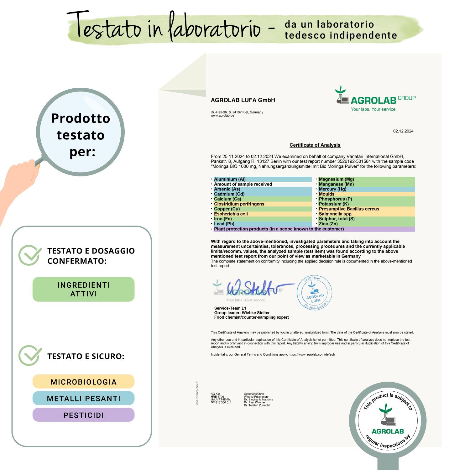 Certificato di Agrolab. Conferma degli ingredienti. Testato per microrganismi, metalli pesanti, pesticidi.
