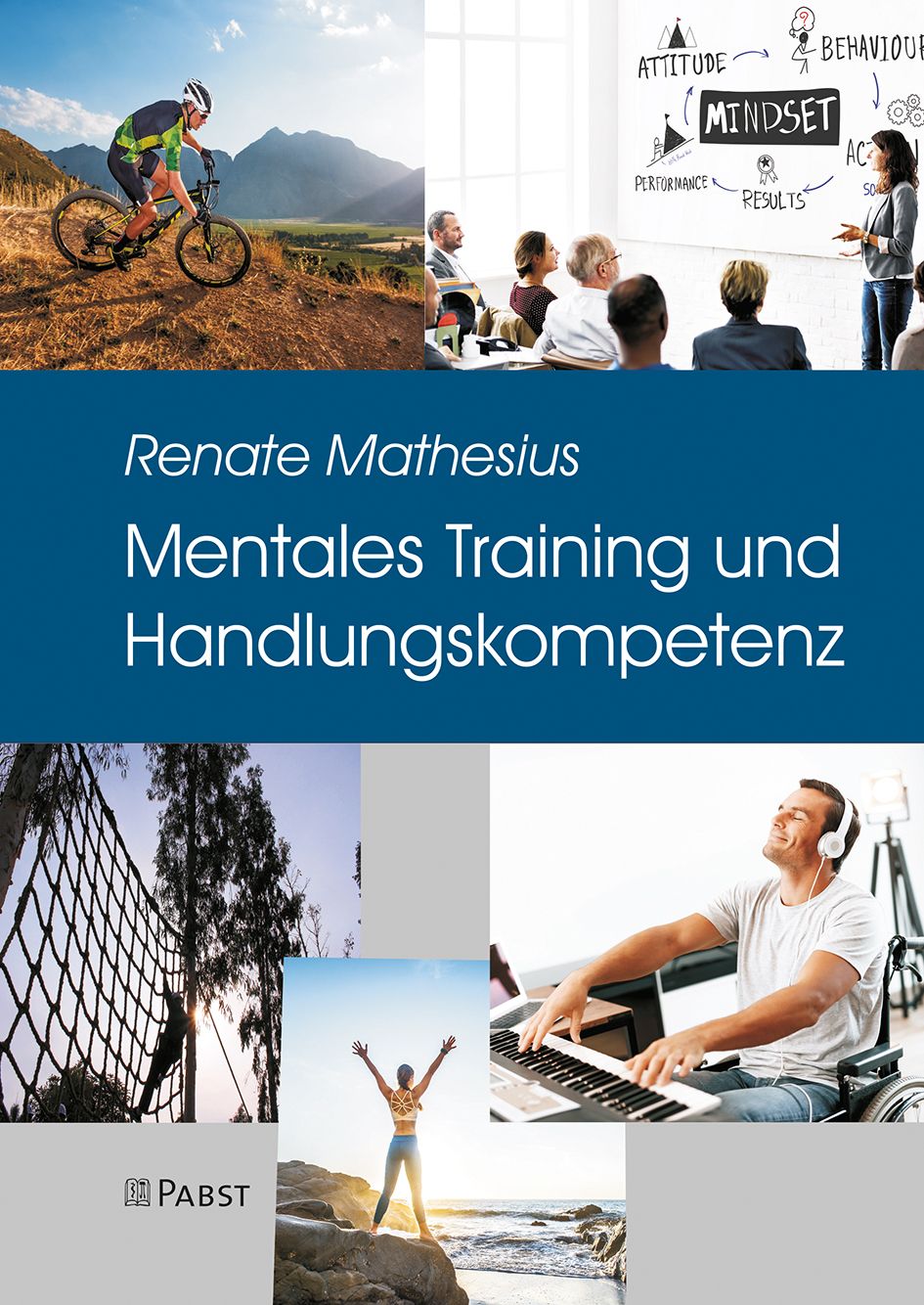 Buchcover mit Titel "Mentales Training und Handlungskompetenz" von Renate Mathesius. Verschiedene Fotos: Radfahrer, Präsentation, Klavierspieler.