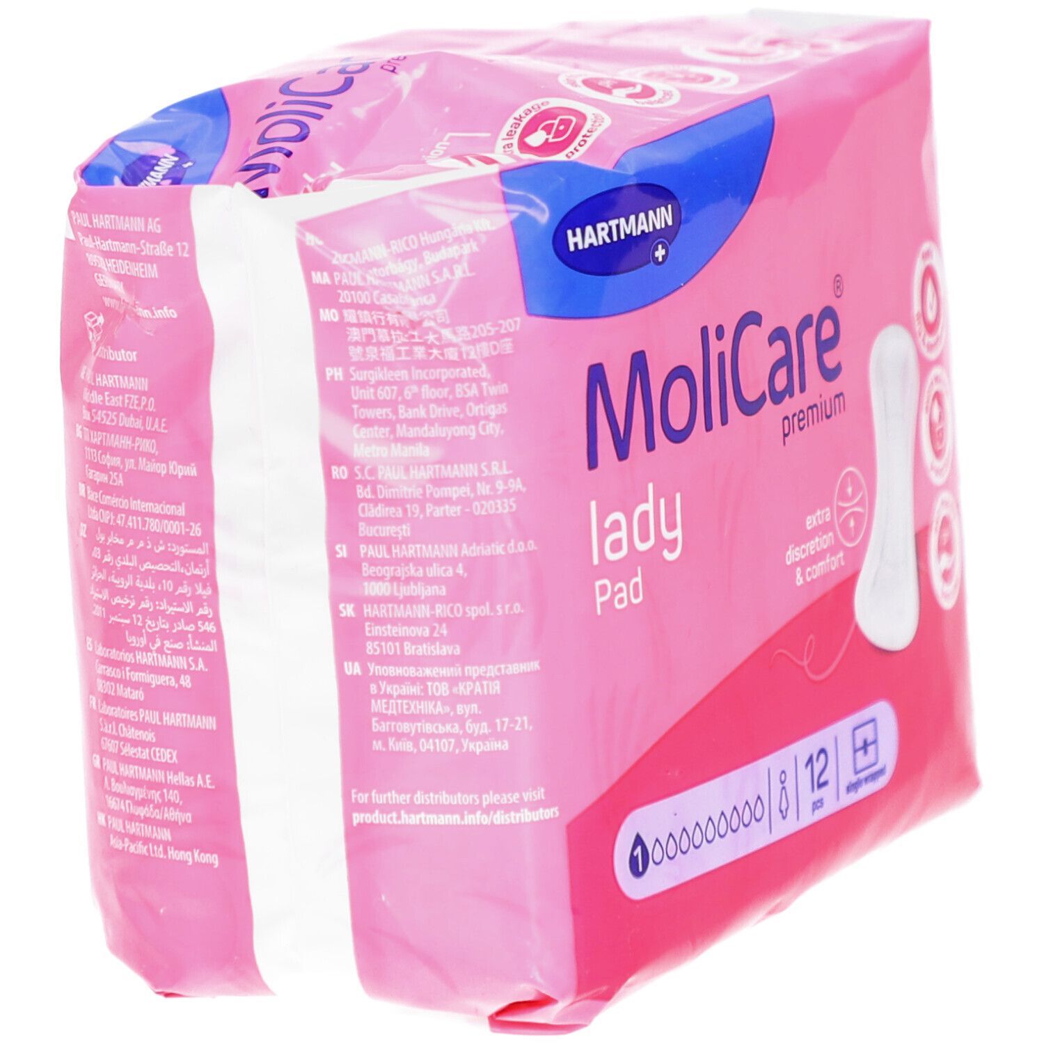 Rosa Verpackung von MoliCare® premium lady Pad. 8 Stück. Hartmann Logo. Aufdruck: extra diskret & komfort.