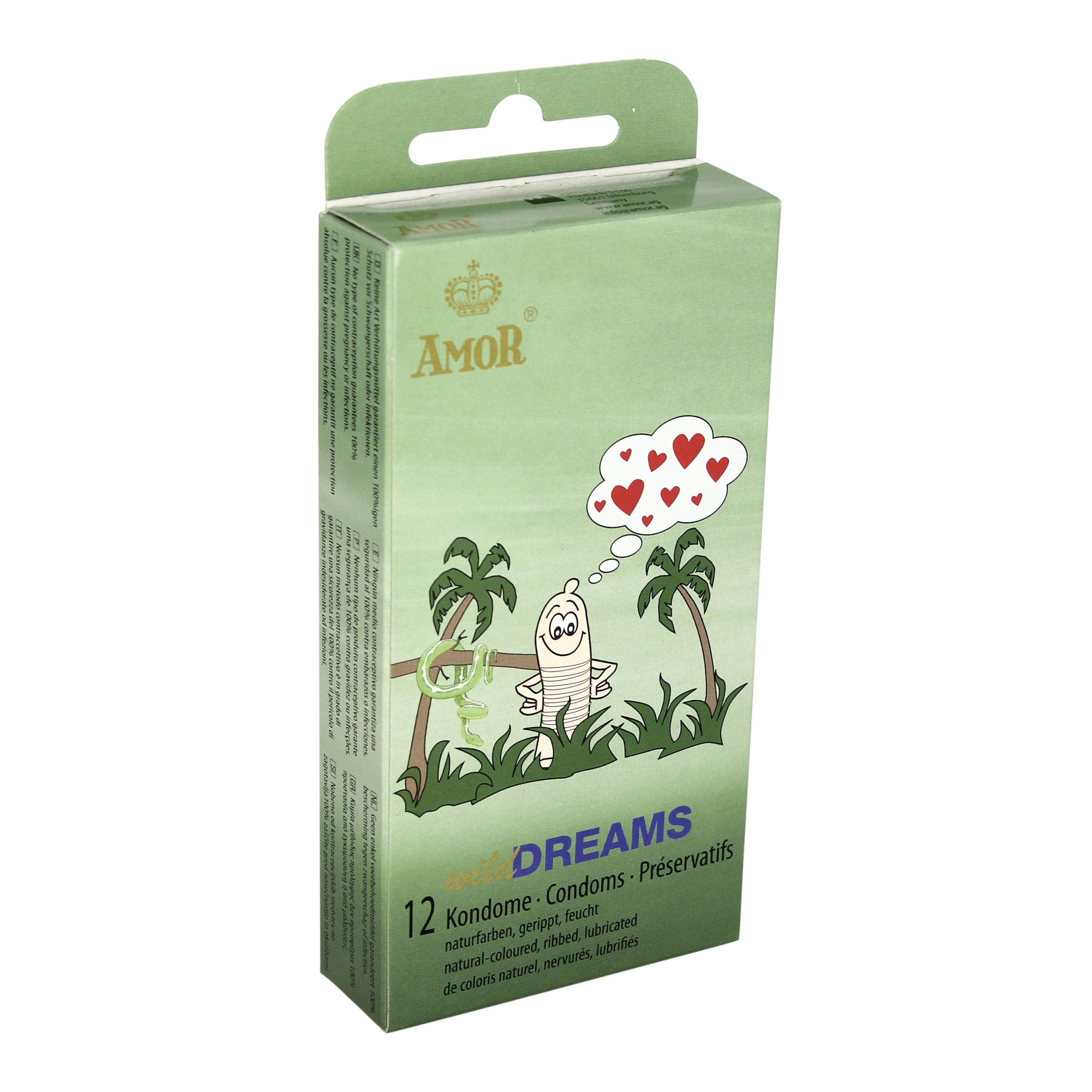 Grüne Schachtel mit Aufhänger, Cartoon-Illustration und Text. Enthält 12 Kondome. Marke: Amor Wild Dreams.