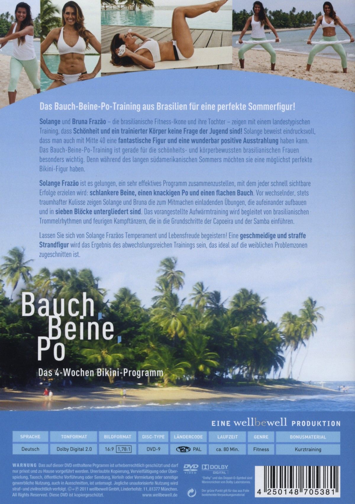 Rückseite der DVD-Hülle "Bauch, Beine, Po". Text in Deutsch. Fotos von Übungen. Logo "A wellbe well production". Informationen zu Sprache, Format, Laufzeit.