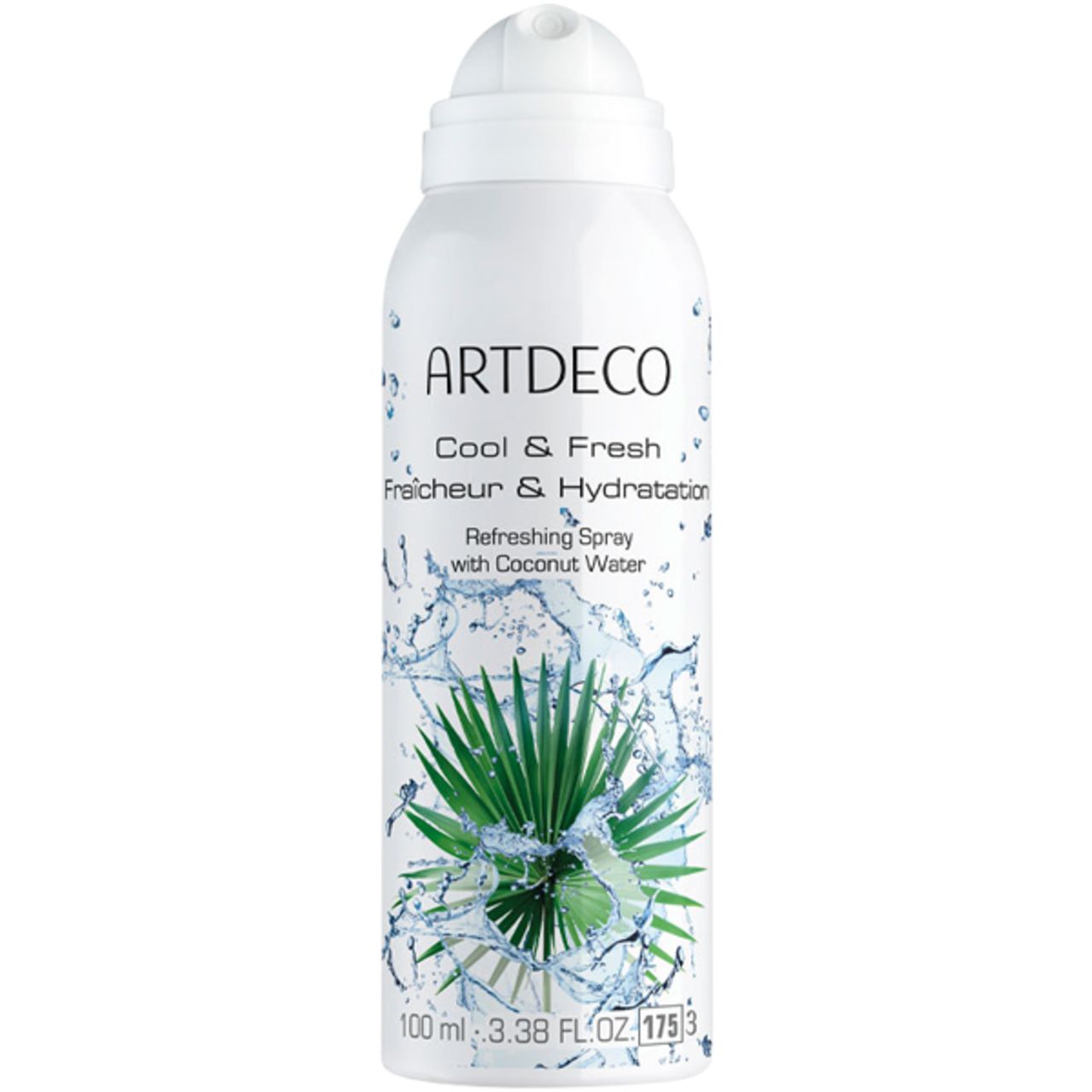 Artdeco Cool & Fresh Gesichtsspray. Weiße Sprühflasche mit Produktnamen und Kokoswasser-Illustration. Deckel oben.